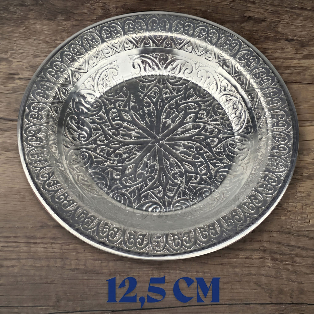 12.5 cm Otantik Desenli Paslanmaz Krom Çelik Hurma Tabağı, Zeytin, İftariyelik Tabağı - Binbir Trend
