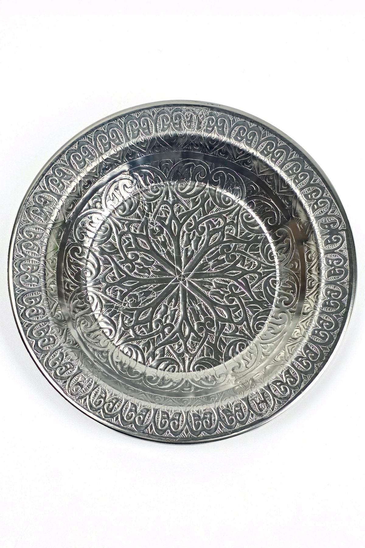 12.5 cm Otantik Desenli Paslanmaz Krom Çelik Hurma Tabağı, Zeytin, İftariyelik Tabağı - Binbir Trend