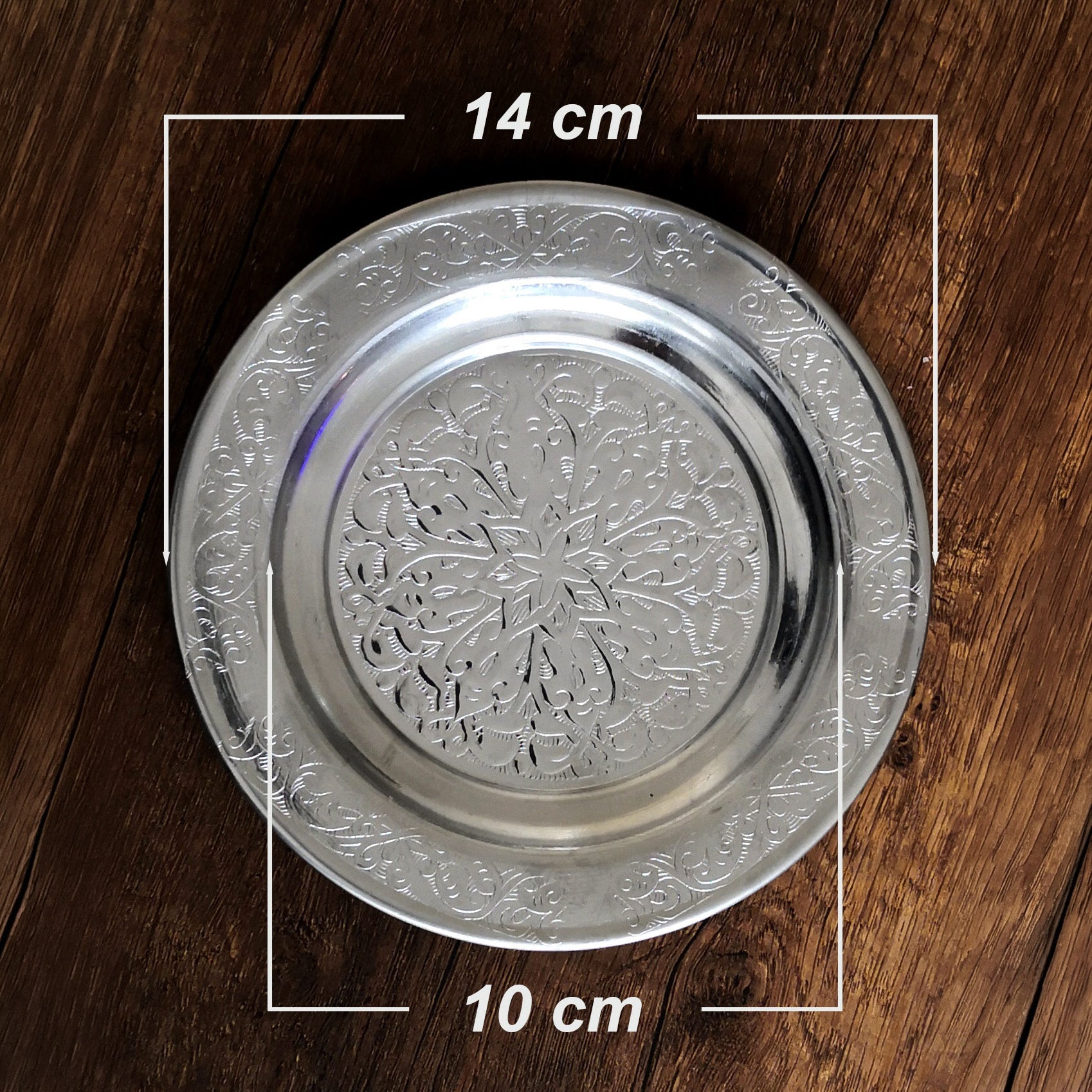 14 cm - Otantik Desenli Krom Çelik Meze ve Servis Tabağı - Binbir Trend