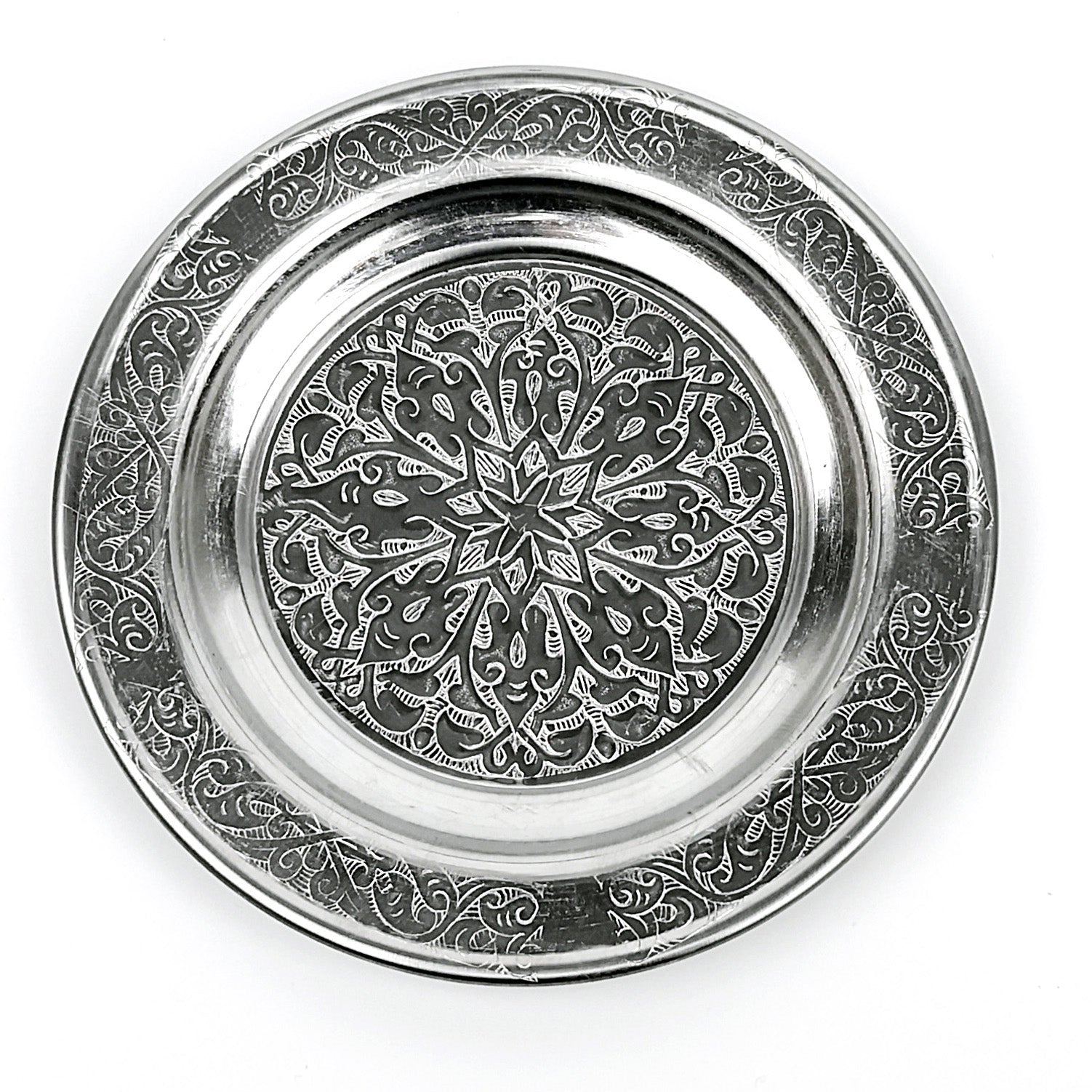 14 cm - Otantik Desenli Krom Çelik Meze ve Servis Tabağı - Binbir Trend