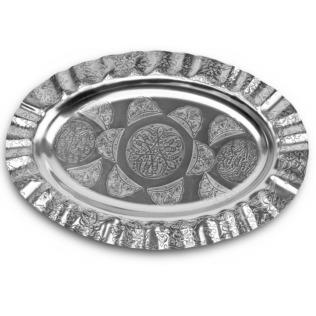 30 cm Dalgalı Kenarlı Oval Krom Çelik İskender ve Servis Tabağı – Otantik İşlemeli