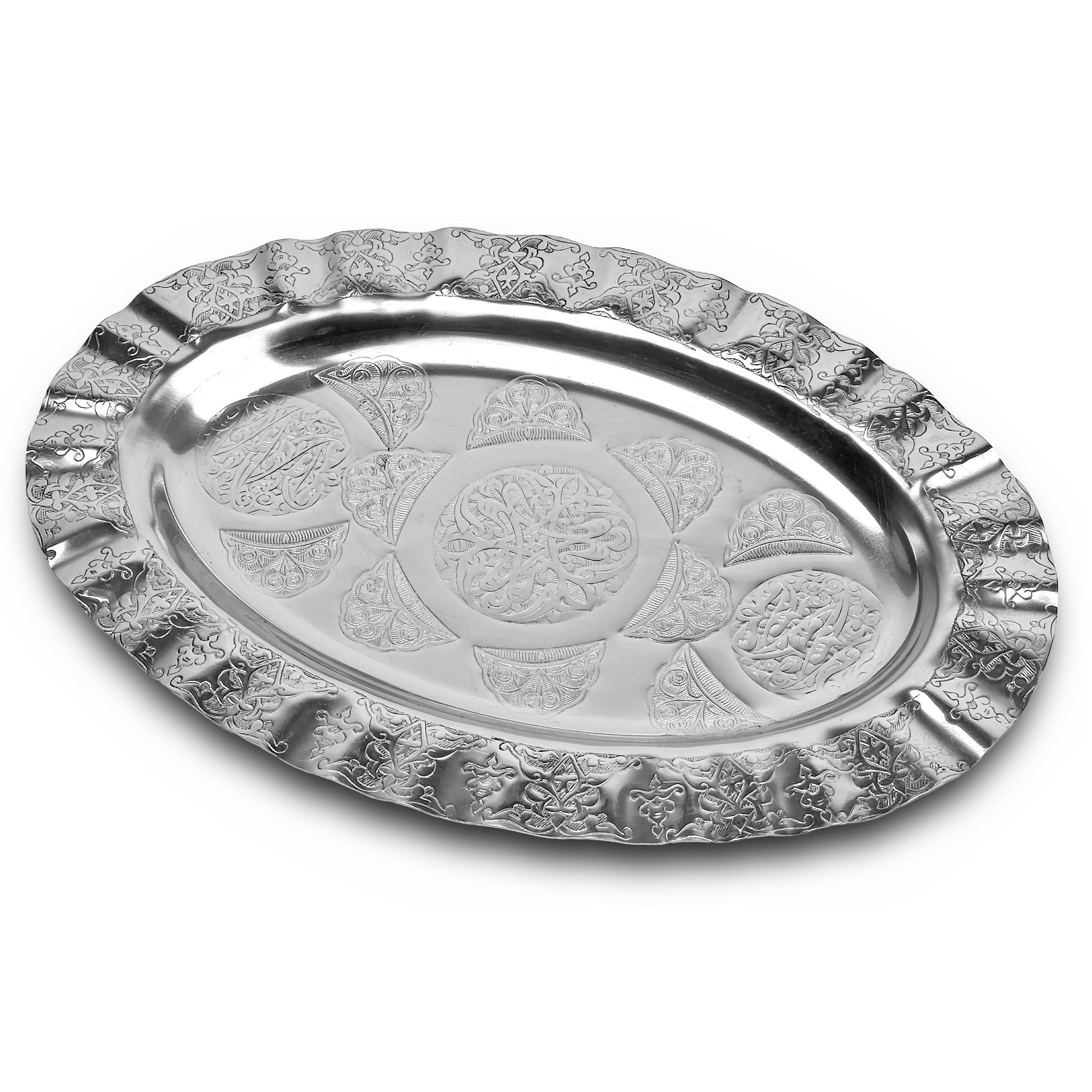 30 cm Dalgalı Kenarlı Oval Krom Çelik İskender ve Servis Tabağı – Otantik İşlemeli