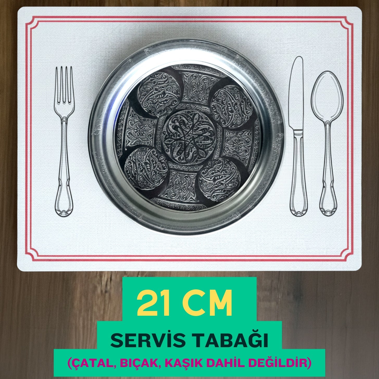 21 cm - Otantik Desenli Krom Çelik Meze ve Servis Tabağı - Binbir Trend