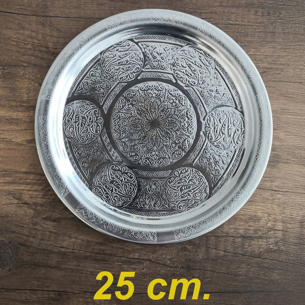 25 cm - Otantik Desenli Krom Çelik Meze ve Servis Tabağı, Salata Tabağı - Binbir Trend