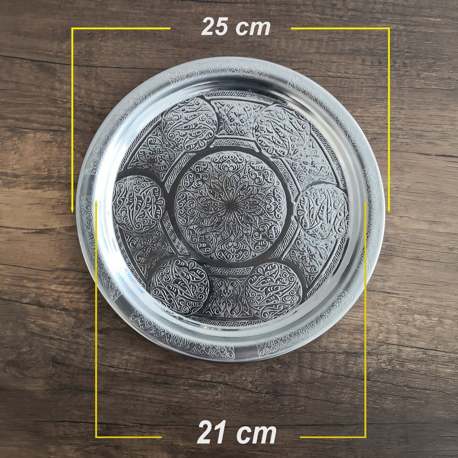 25 cm - Otantik Desenli Krom Çelik Meze ve Servis Tabağı, Salata Tabağı - Binbir Trend