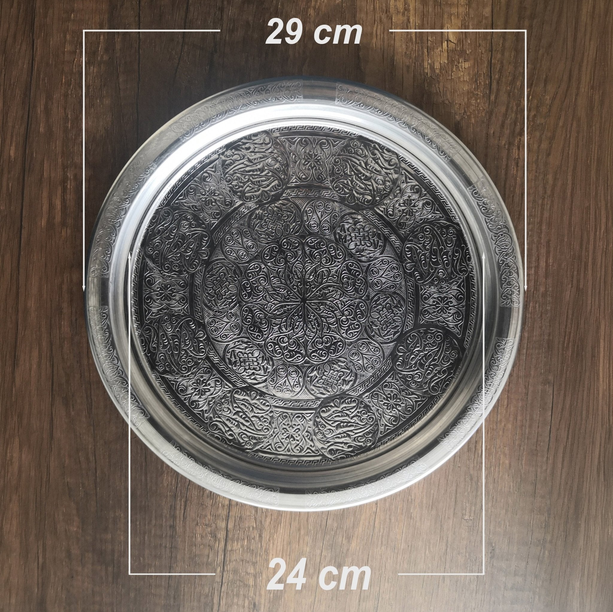 29 cm - Otantik Desenli Krom Çelik Meze ve Servis Tabağı, Salata Tabağı - Binbir Trend