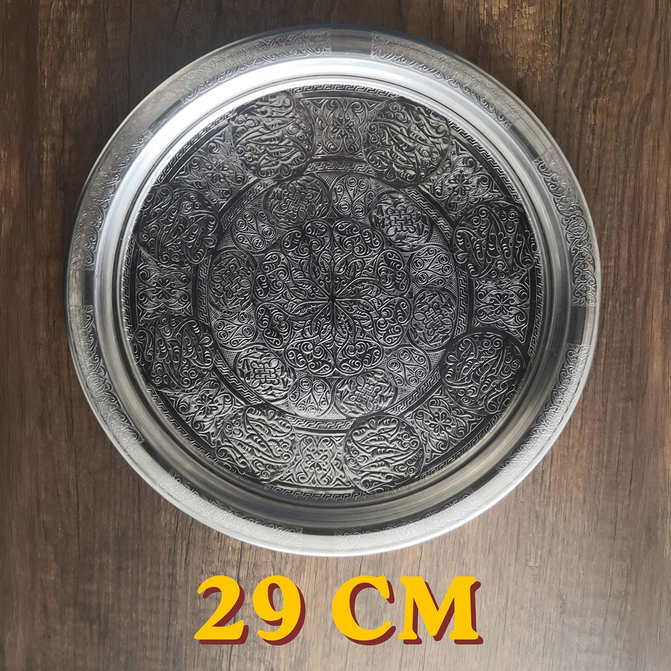 29 cm - Otantik Desenli Krom Çelik Meze ve Servis Tabağı, Salata Tabağı - Binbir Trend