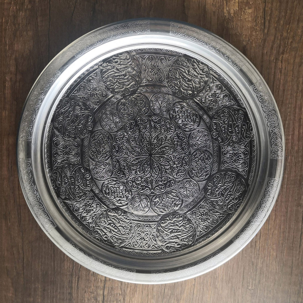 29 cm - Otantik Desenli Krom Çelik Meze ve Servis Tabağı, Salata Tabağı - Binbir Trend