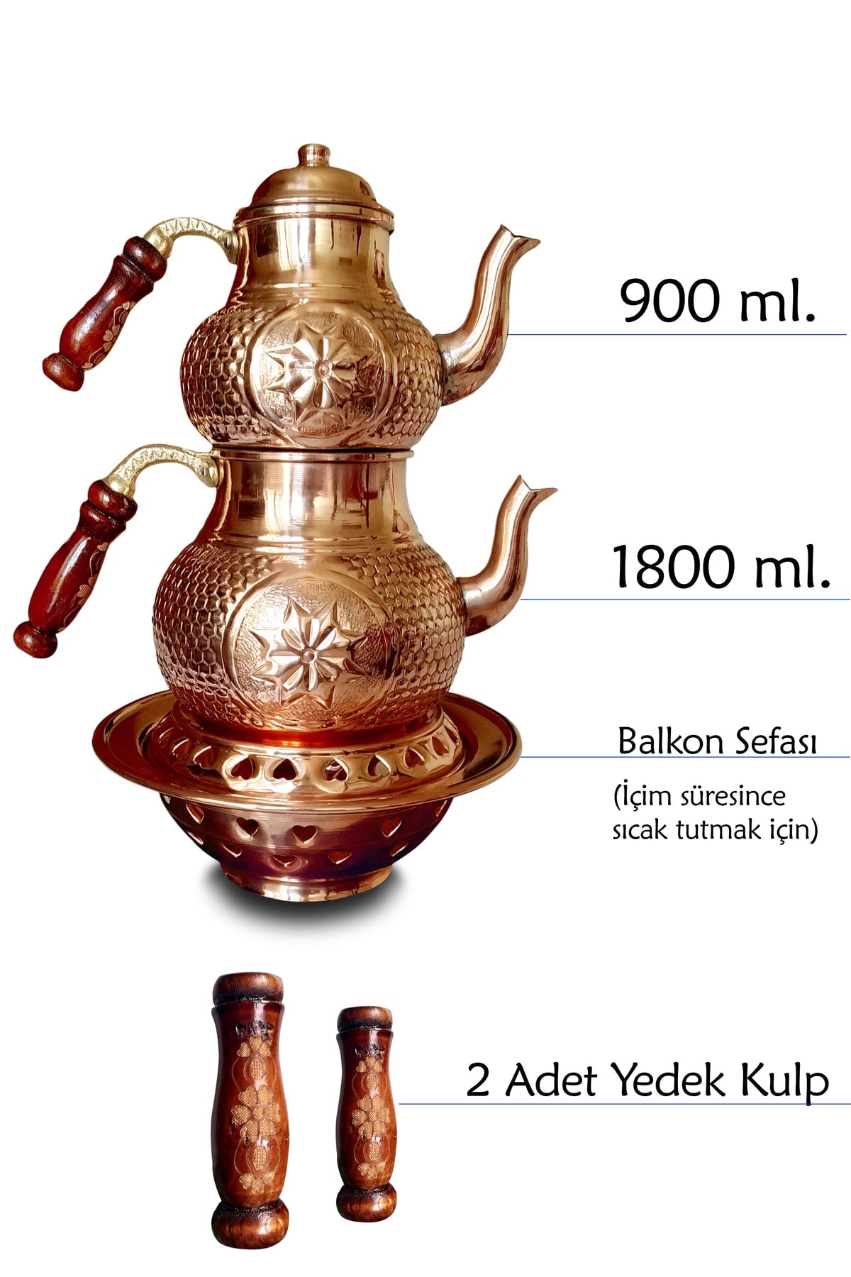 Aile Boyu El Yapımı Yıldız Petek Zımba Balkon Sefası Ocaklı Bakır Çaydanlık Takımı - Yedek Kulplu