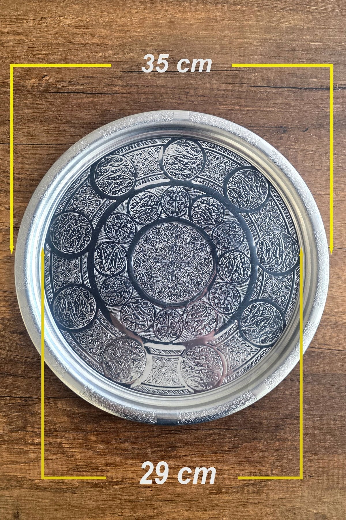 35 cm - Otantik Desenli Krom Çelik Meze ve Servis Tabağı, Salata Tabağı - Binbir Trend