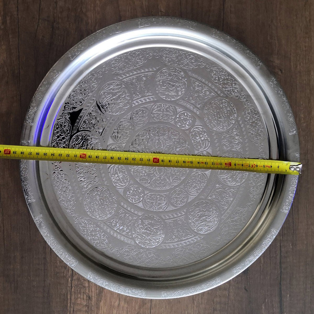 39 cm - Otantik Desenli Krom Çelik Meze ve Servis Tabağı, Salata Tabağı, Kebap Tabağı - Binbir Trend