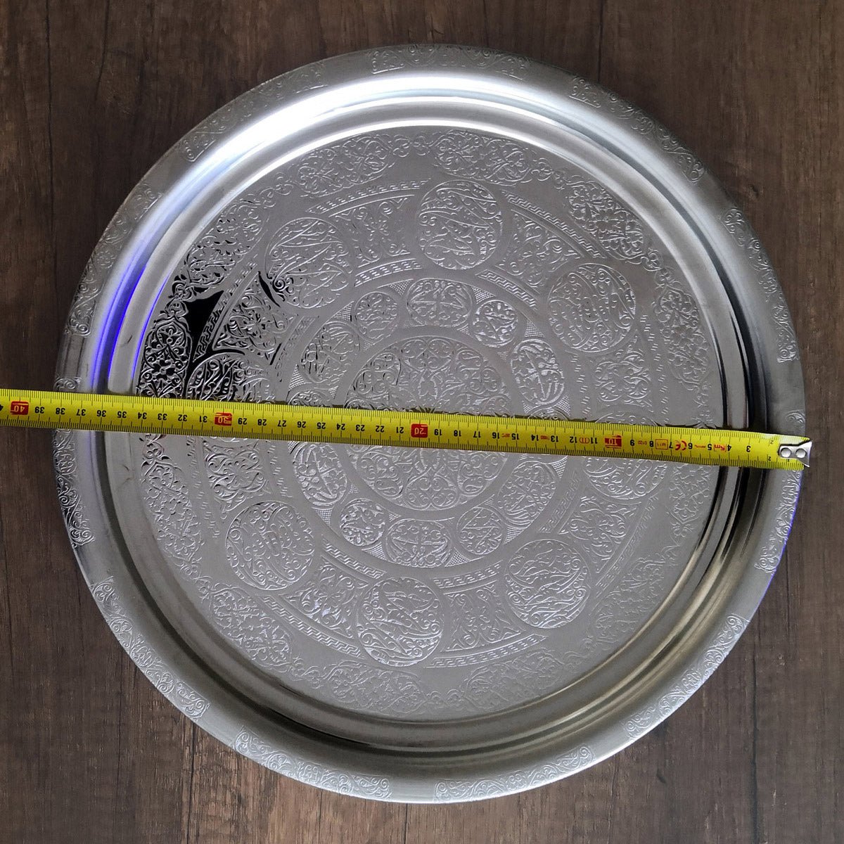 39 cm - Otantik Desenli Krom Çelik Meze ve Servis Tabağı, Salata Tabağı, Kebap Tabağı - Binbir Trend