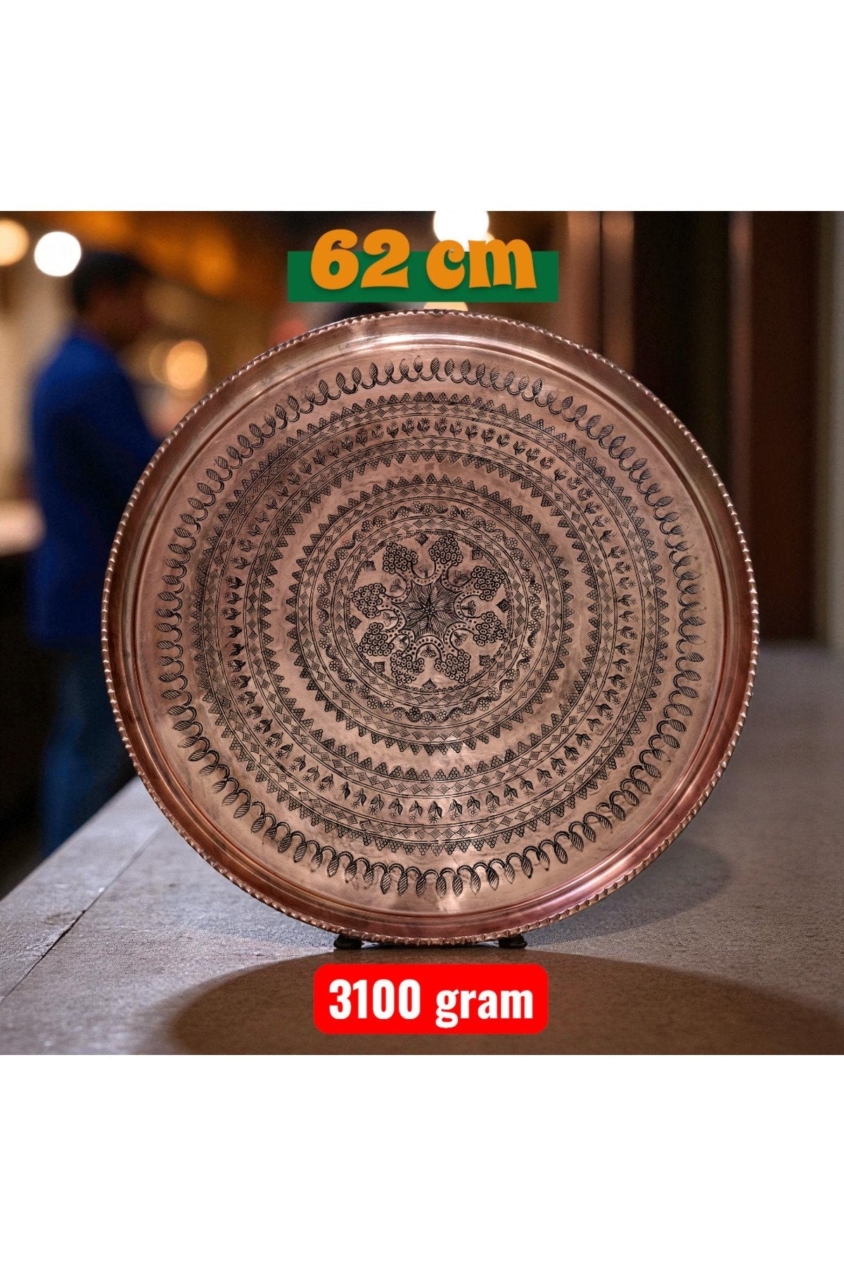 62 cm El İşlemeli Otantik Desenli Kalın Urfa Bakır Tepsi - BAKIR - TPS454 - Binbir Trend