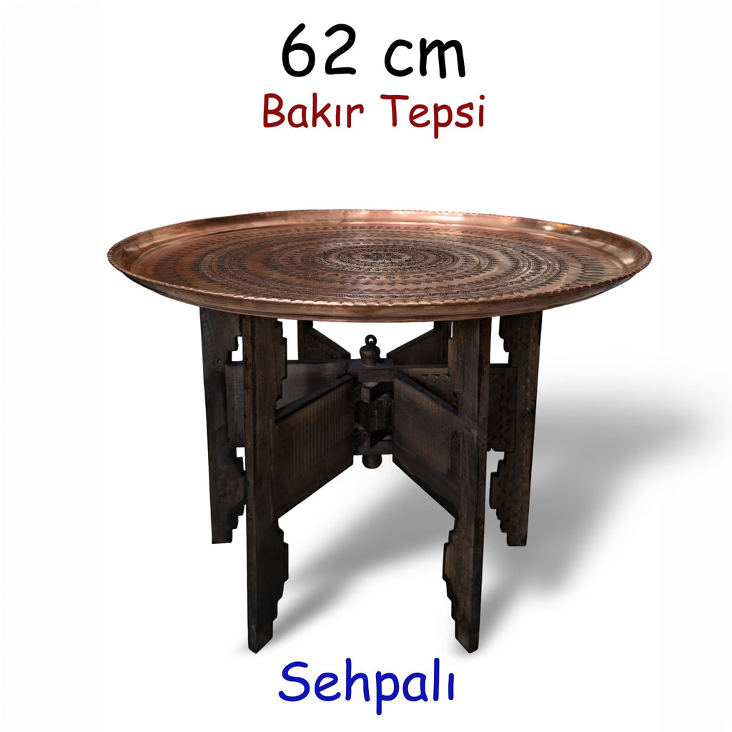 62 cm El İşlemeli Otantik Desenli Kalın Urfa Bakır Tepsi + Katlanabilir Sehpa - BAKIR - TPS496 - Binbir Trend