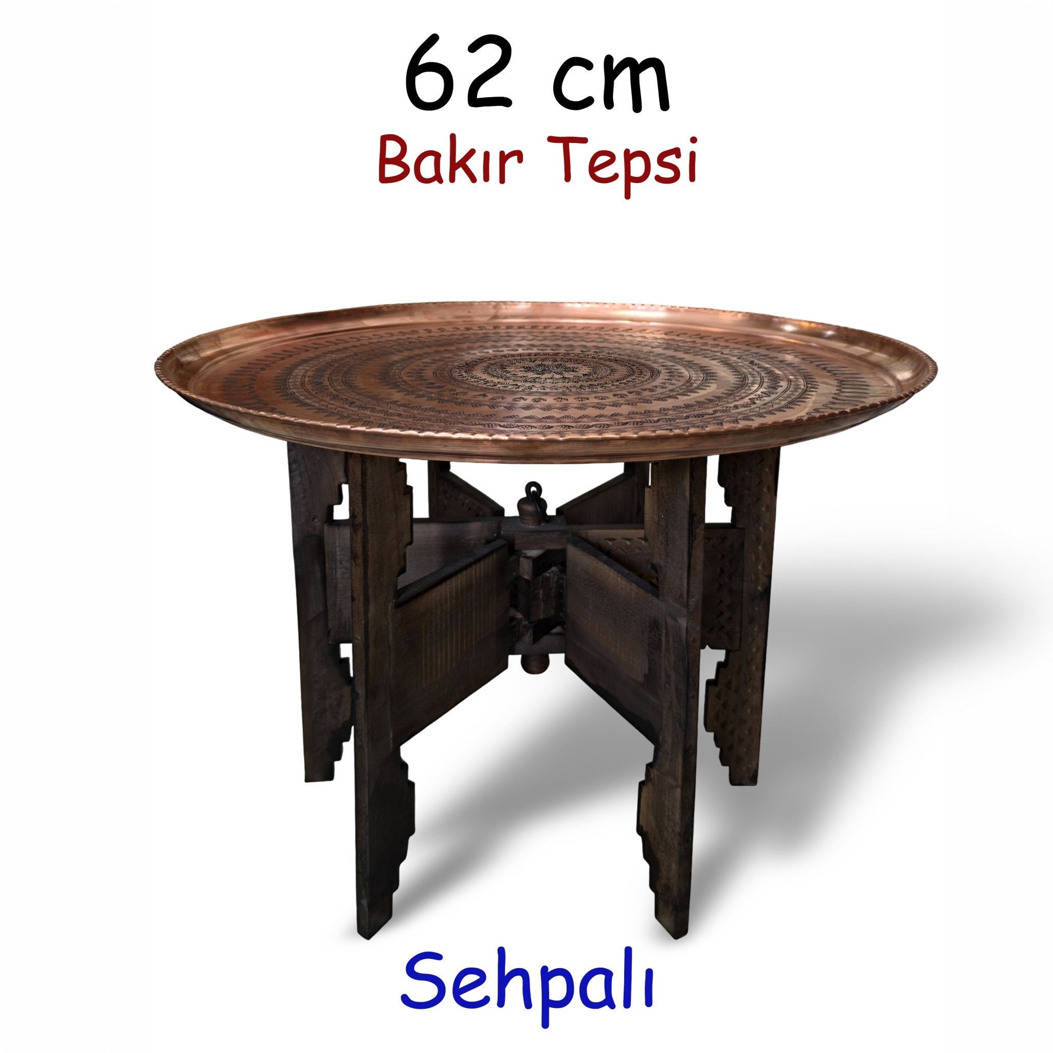 62 cm El İşlemeli Otantik Desenli Kalın Urfa Bakır Tepsi + Katlanabilir Sehpa - BAKIR - TPS496 - Binbir Trend