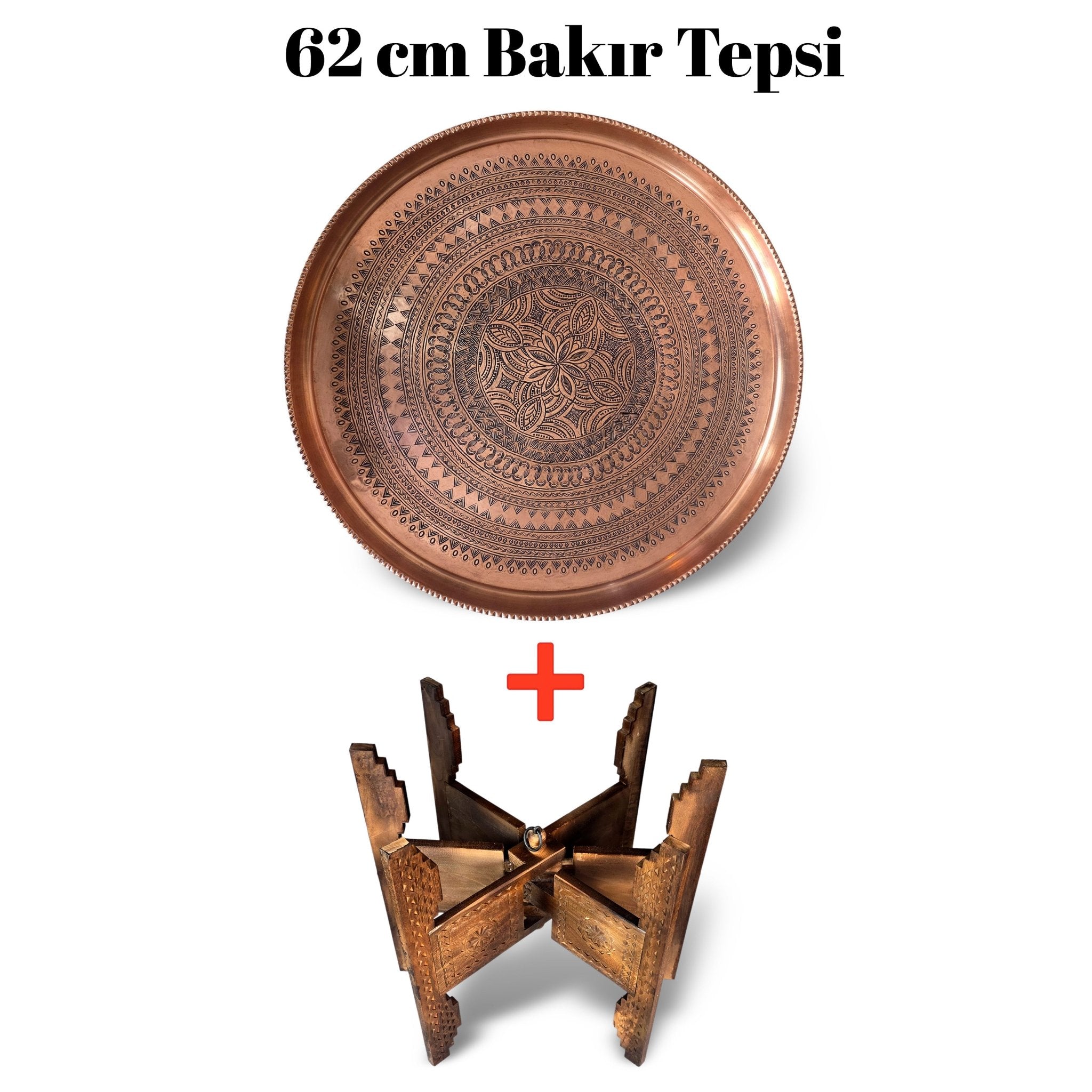 62 cm El İşlemeli Otantik Desenli Kalın Urfa Bakır Tepsi + Katlanabilir Sehpa - BAKIR - TPS498 - Binbir Trend