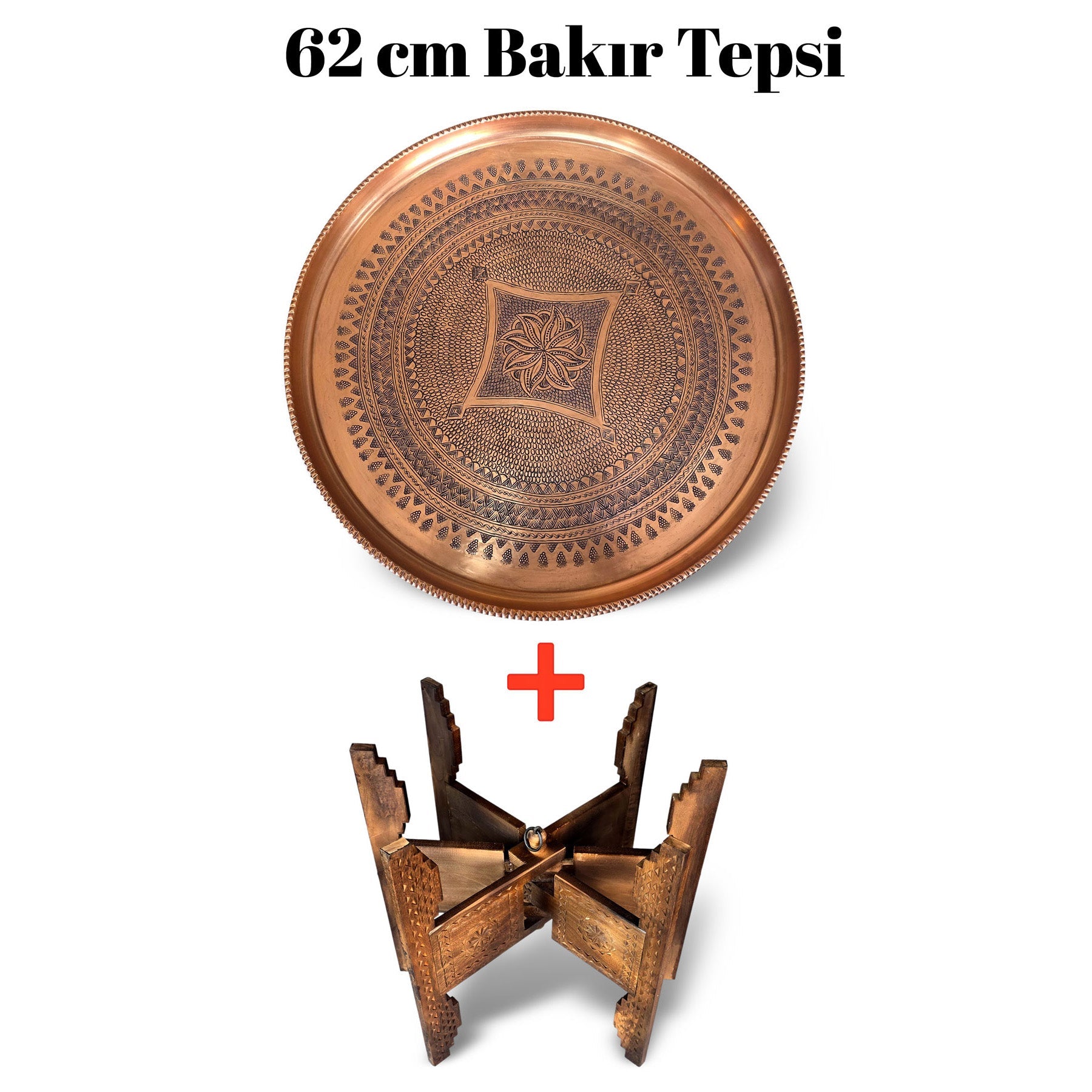 62 cm El İşlemeli Otantik Desenli Kalın Urfa Bakır Tepsi + Katlanabilir Sehpa - BAKIR - TPS500 - Binbir Trend