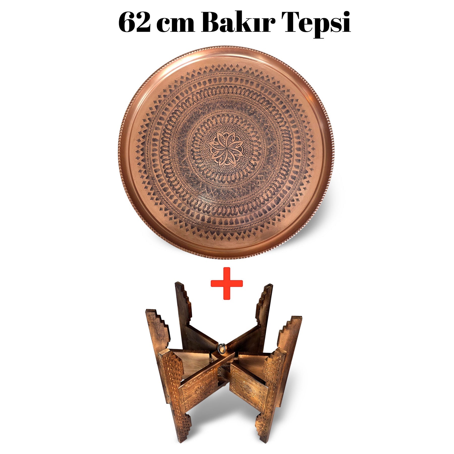 62 cm El İşlemeli Otantik Desenli Kalın Urfa Bakır Tepsi + Katlanabilir Sehpa - BAKIR - TPS501 - Binbir Trend