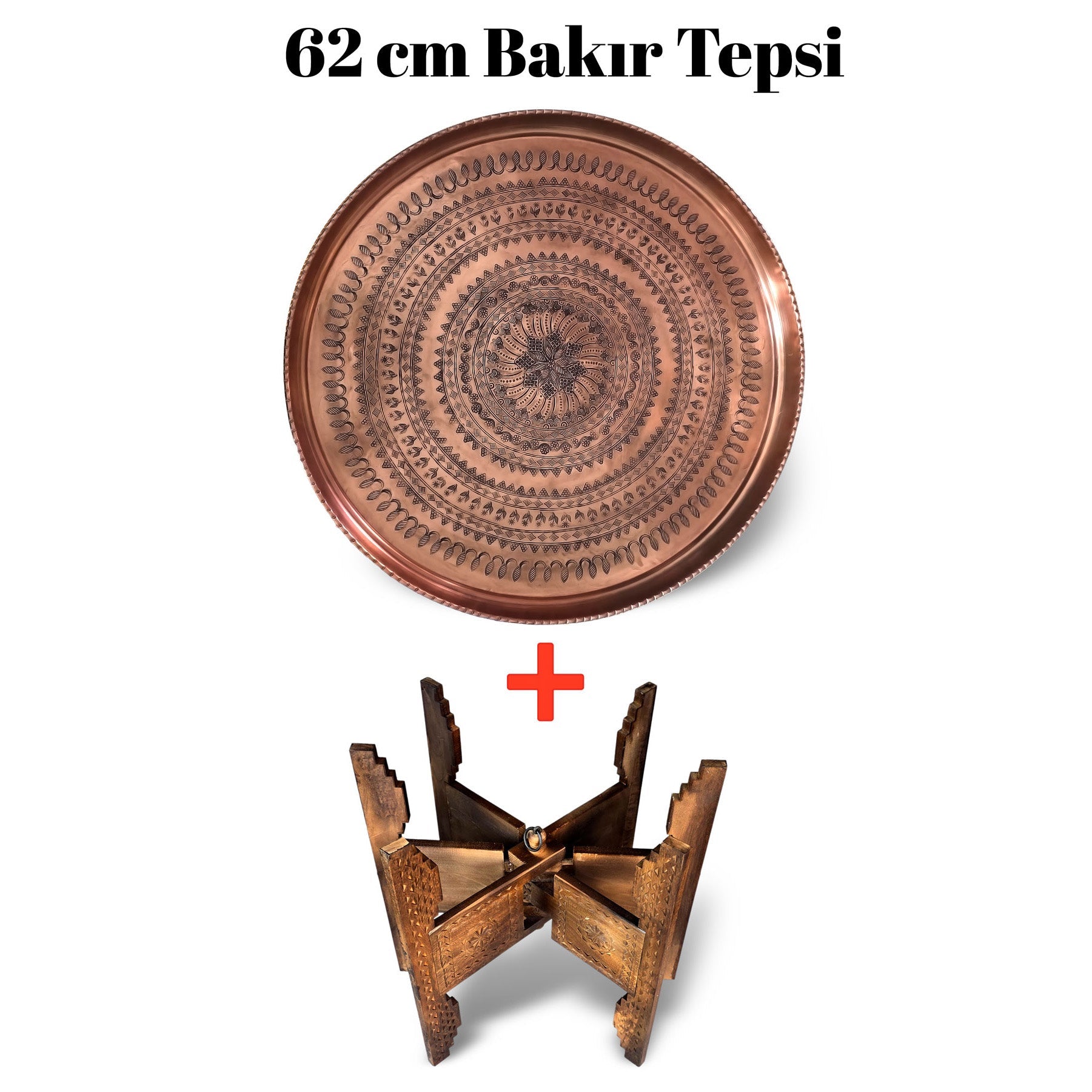 62 cm El İşlemeli Otantik Desenli Kalın Urfa Bakır Tepsi + Katlanabilir Sehpa - BAKIR - TPS502 - Binbir Trend
