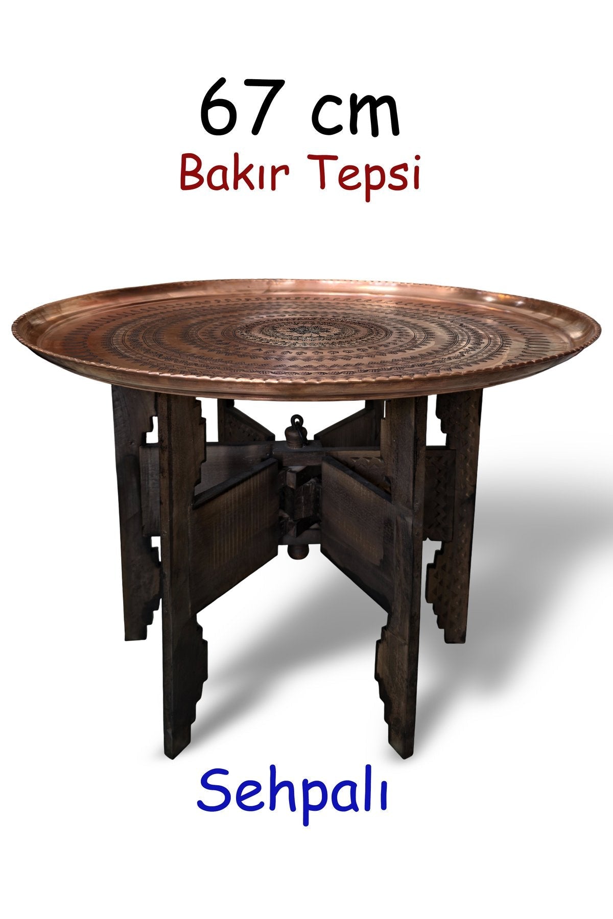 67 cm El İşlemeli Otantik Desenli Kalın Urfa Bakır Tepsi + Katlanabilir Sehpa - BAKIR - TPS460 - Binbir Trend