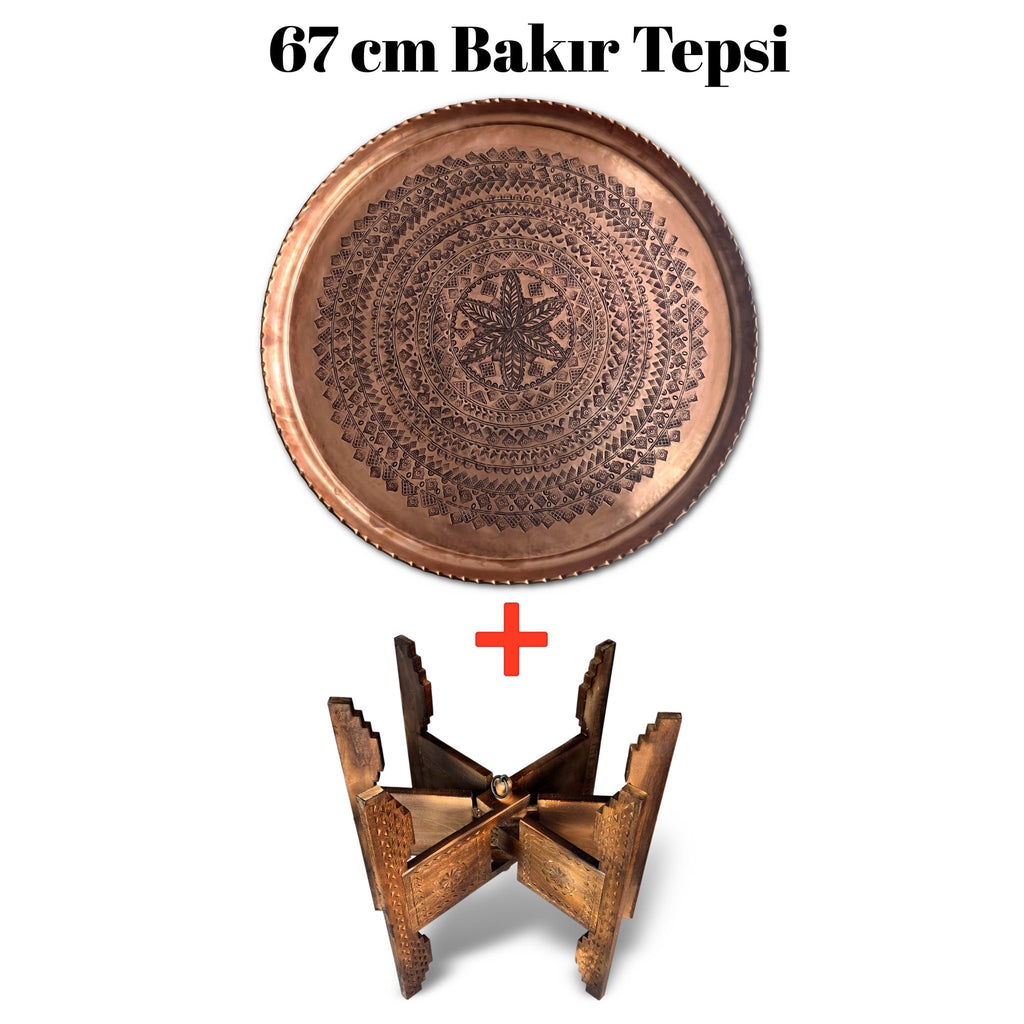 67 cm El İşlemeli Otantik Desenli Kalın Urfa Bakır Tepsi + Katlanabilir Sehpa - BAKIR - TPS531 - Binbir Trend