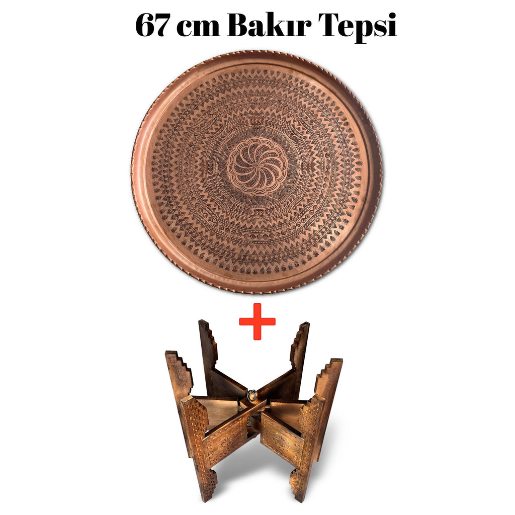 67 cm El İşlemeli Otantik Desenli Kalın Urfa Bakır Tepsi + Katlanabilir Sehpa - BAKIR - TPS532 - Binbir Trend