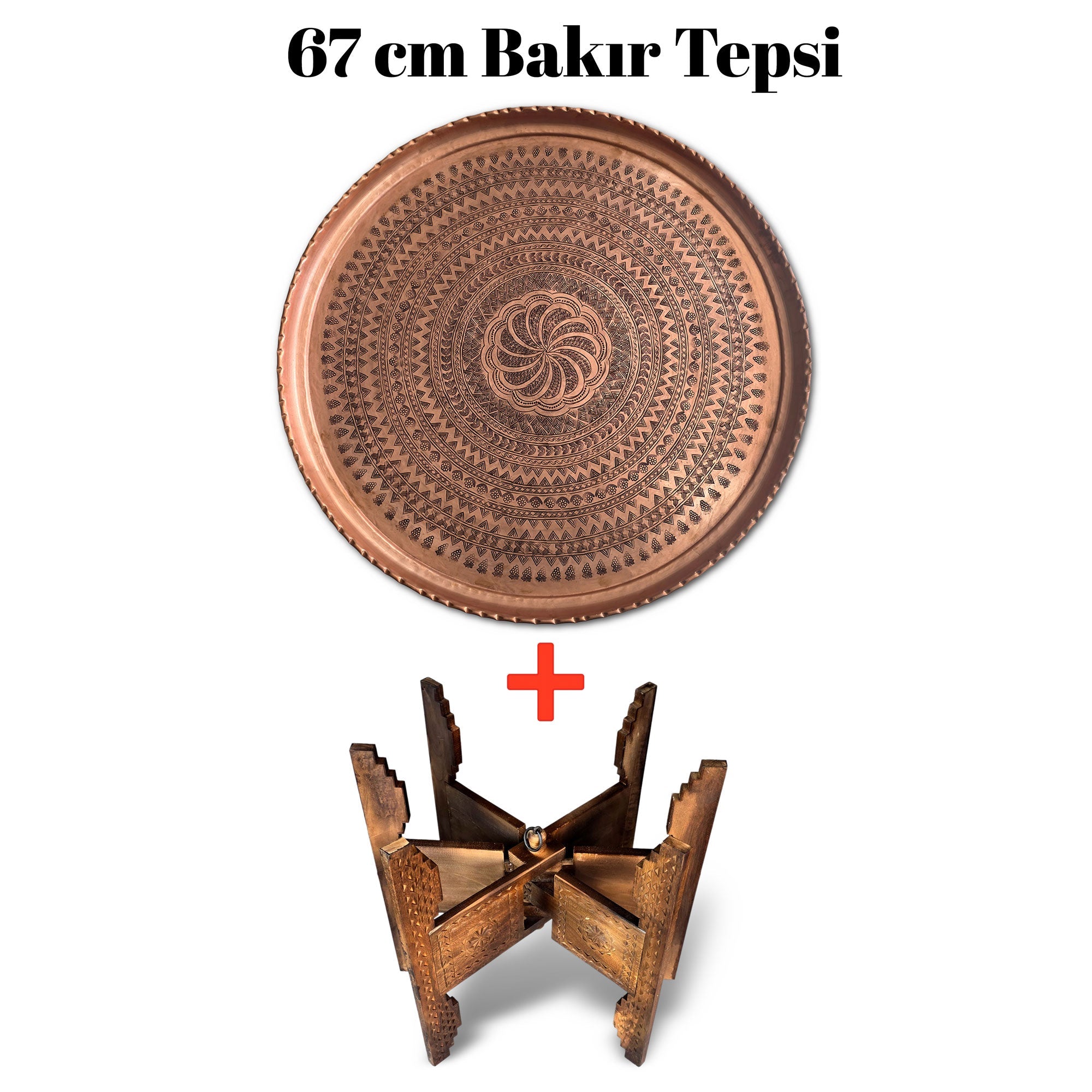 67 cm El İşlemeli Otantik Desenli Kalın Urfa Bakır Tepsi + Katlanabilir Sehpa - BAKIR - TPS532 - Binbir Trend