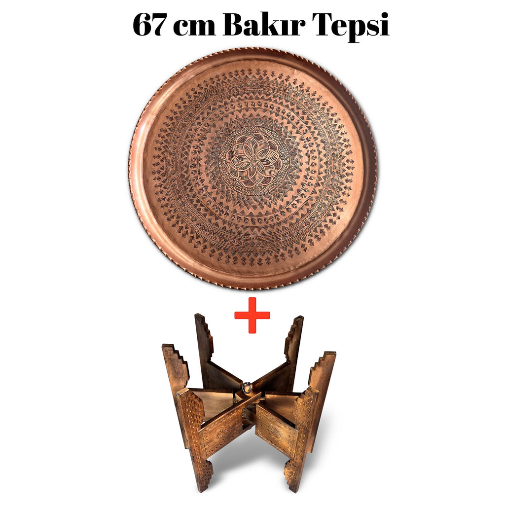 67 cm El İşlemeli Otantik Desenli Kalın Urfa Bakır Tepsi + Katlanabilir Sehpa - BAKIR - TPS533 - Binbir Trend