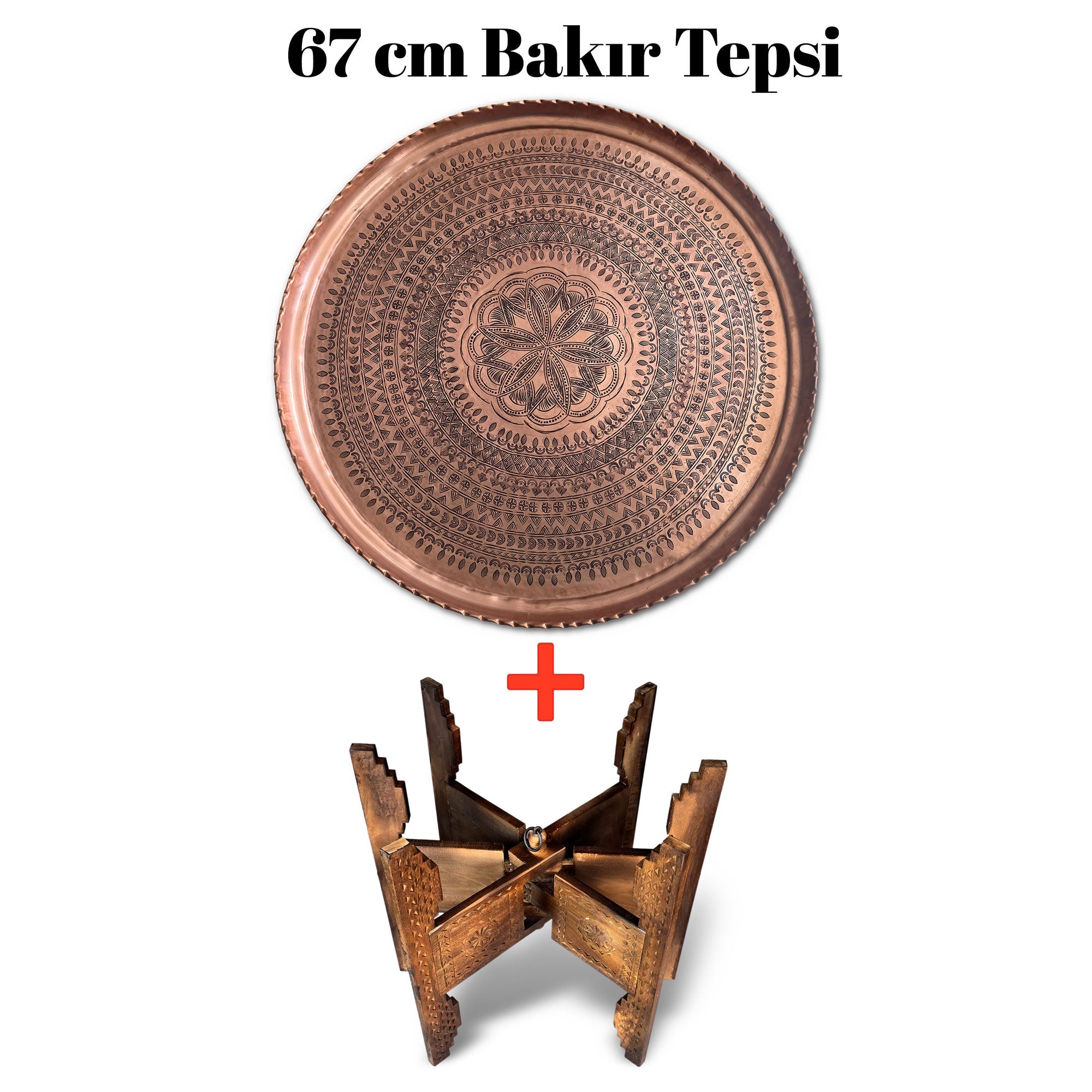 67 cm El İşlemeli Otantik Desenli Kalın Urfa Bakır Tepsi + Katlanabilir Sehpa - BAKIR - TPS534 - Binbir Trend