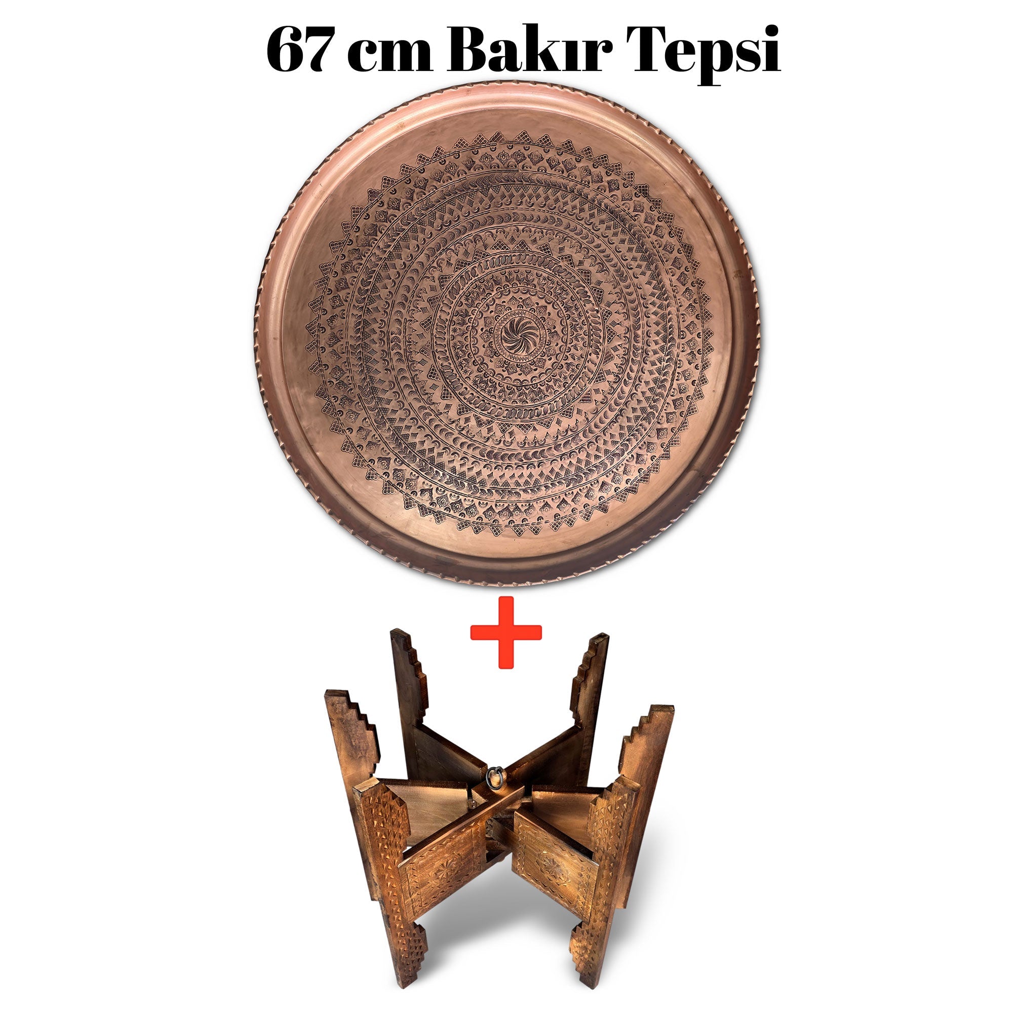 67 cm El İşlemeli Otantik Desenli Kalın Urfa Bakır Tepsi + Katlanabilir Sehpa - BAKIR - TPS536 - Binbir Trend