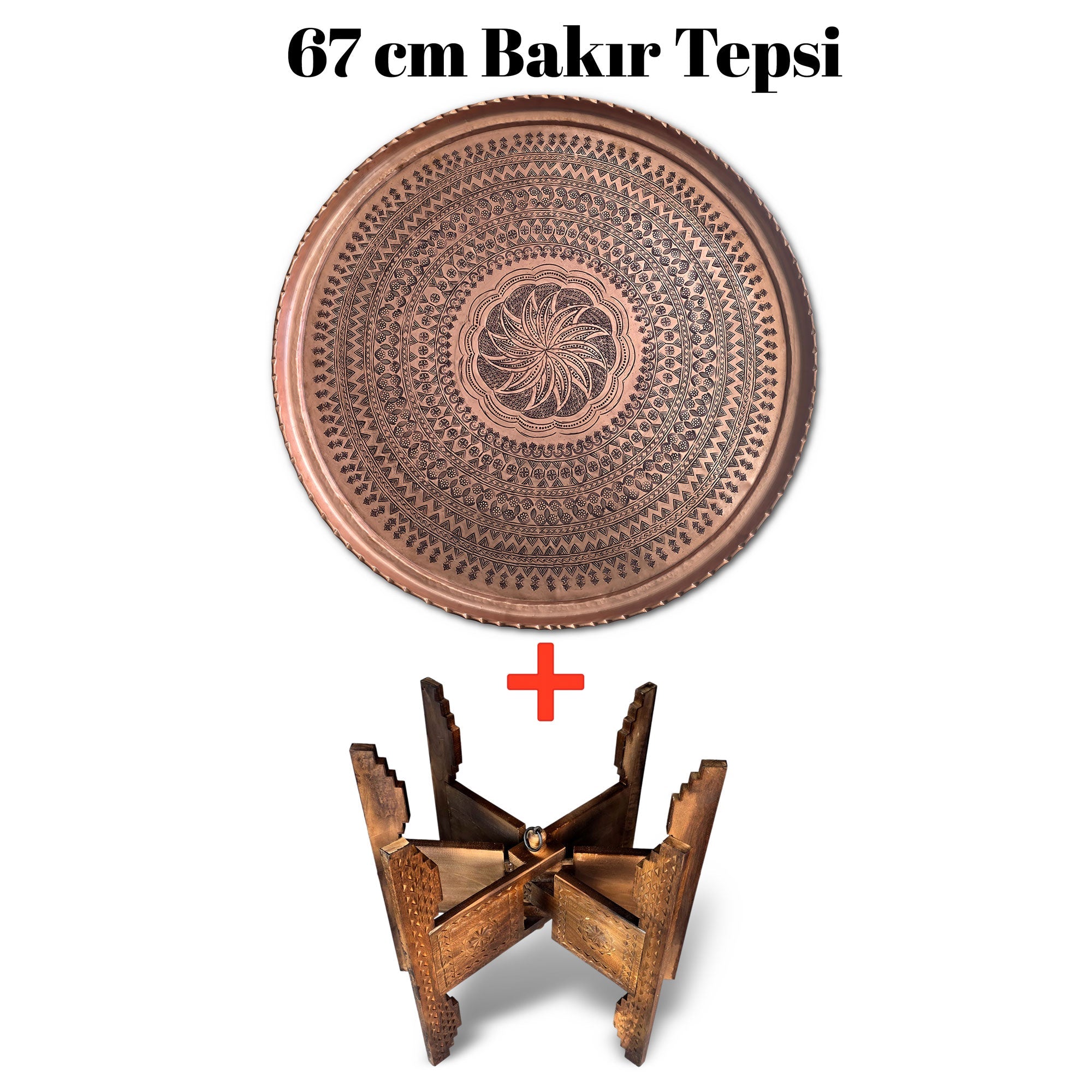 67 cm El İşlemeli Otantik Desenli Kalın Urfa Bakır Tepsi + Katlanabilir Sehpa - BAKIR - TPS537 - Binbir Trend