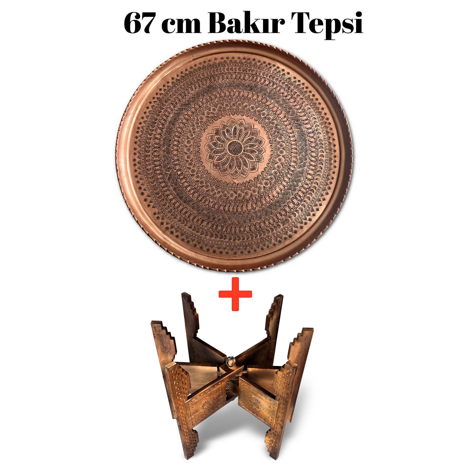 67 cm El İşlemeli Otantik Desenli Kalın Urfa Bakır Tepsi + Katlanabilir Sehpa - BAKIR - TPS538 - Binbir Trend