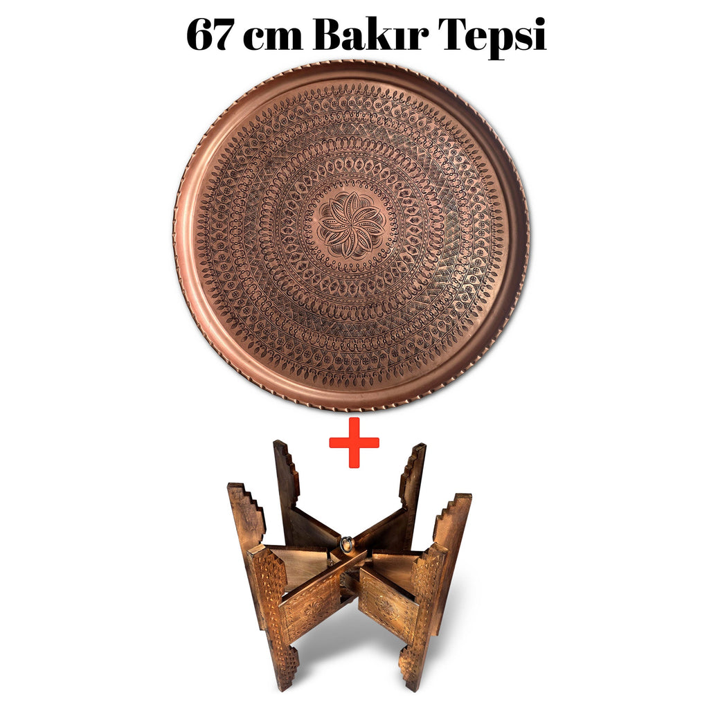 67 cm El İşlemeli Otantik Desenli Kalın Urfa Bakır Tepsi + Katlanabilir Sehpa - BAKIR - TPS539 - Binbir Trend