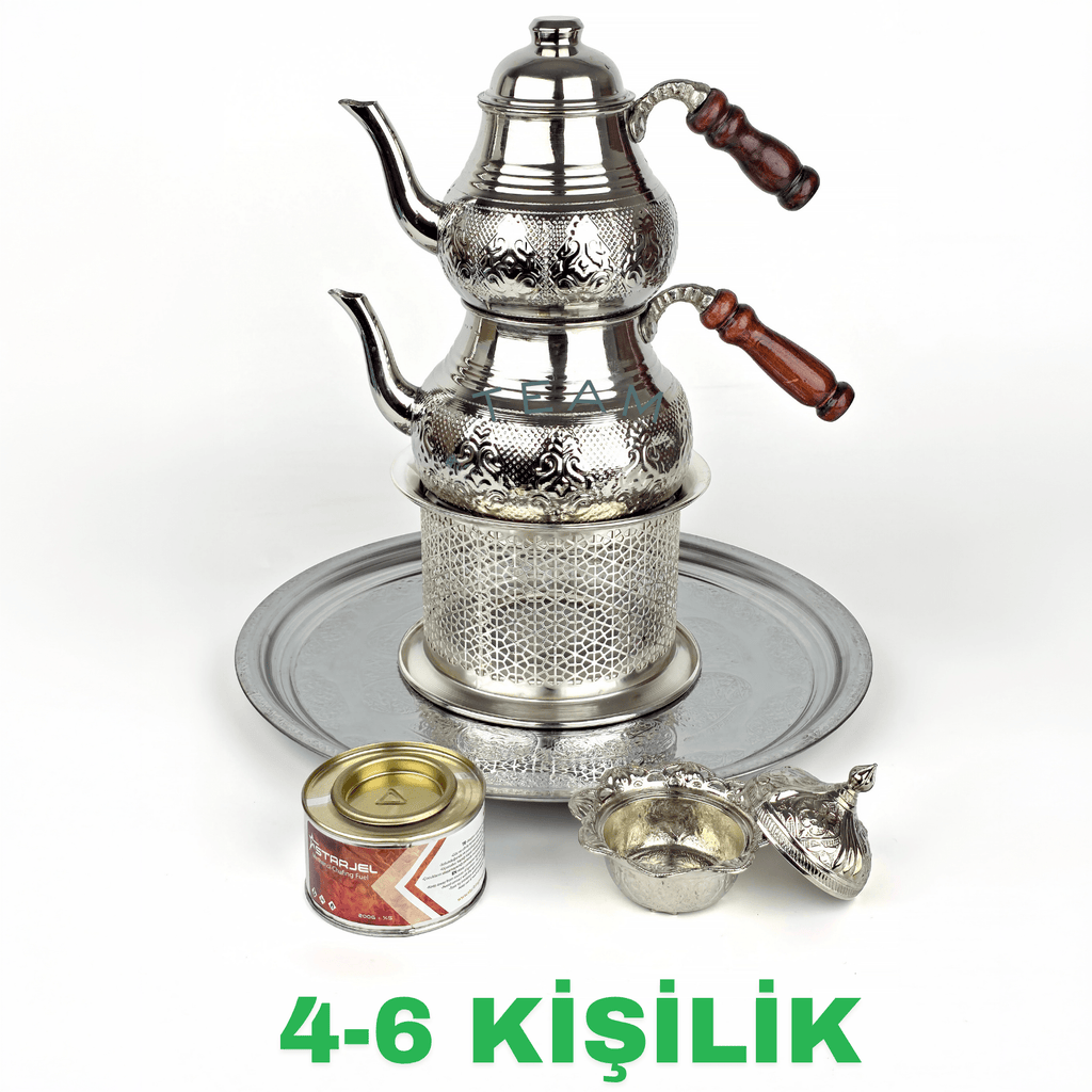 Bakır Çaydanlık Seti Nikel Kaplama Gümüş Renk Restoran Tipi Demlik Takımı, Isıtma Ocaklı, Tepsili, Şekerlikli  - Binbir Trend