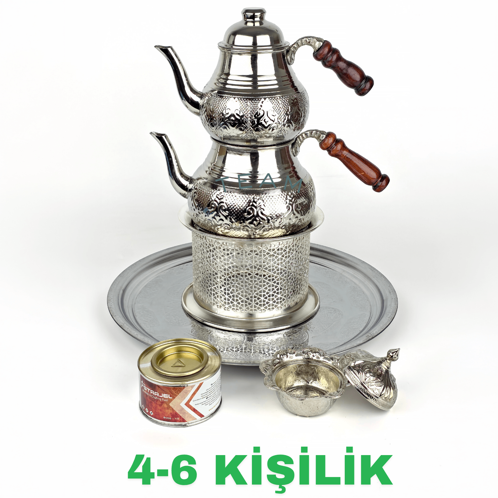 Bakır Çaydanlık Seti Nikel Kaplama Gümüş Renk Restoran Tipi Demlik Takımı, Isıtma Ocaklı, Tepsili, Şekerlikli Jel Yakıt Hediyeli - Binbir Trend