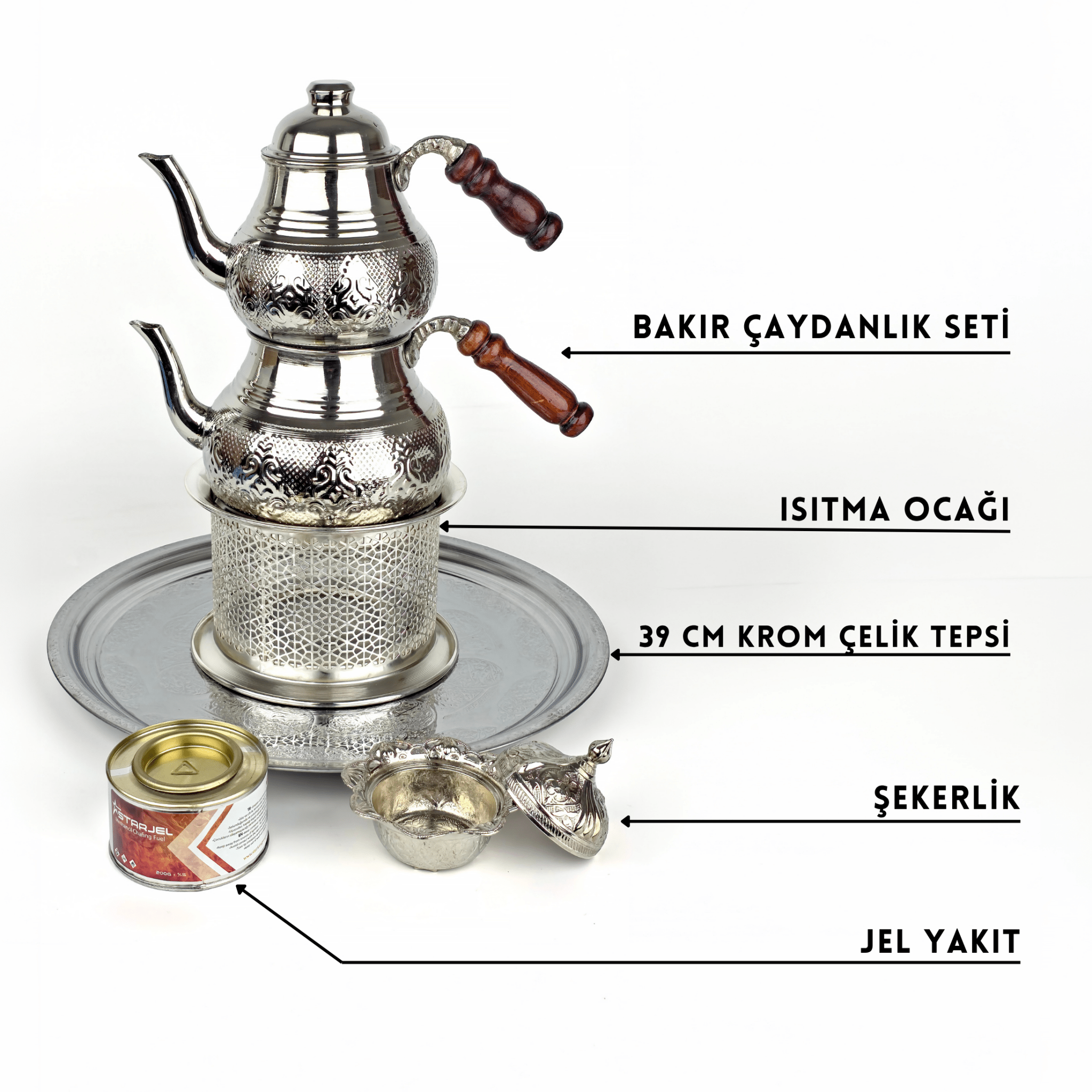 Bakır Çaydanlık Seti Nikel Kaplama Gümüş Renk Restoran Tipi Demlik Takımı, Isıtma Ocaklı, Tepsili, Şekerlikli Jel Yakıt Hediyeli - Binbir Trend