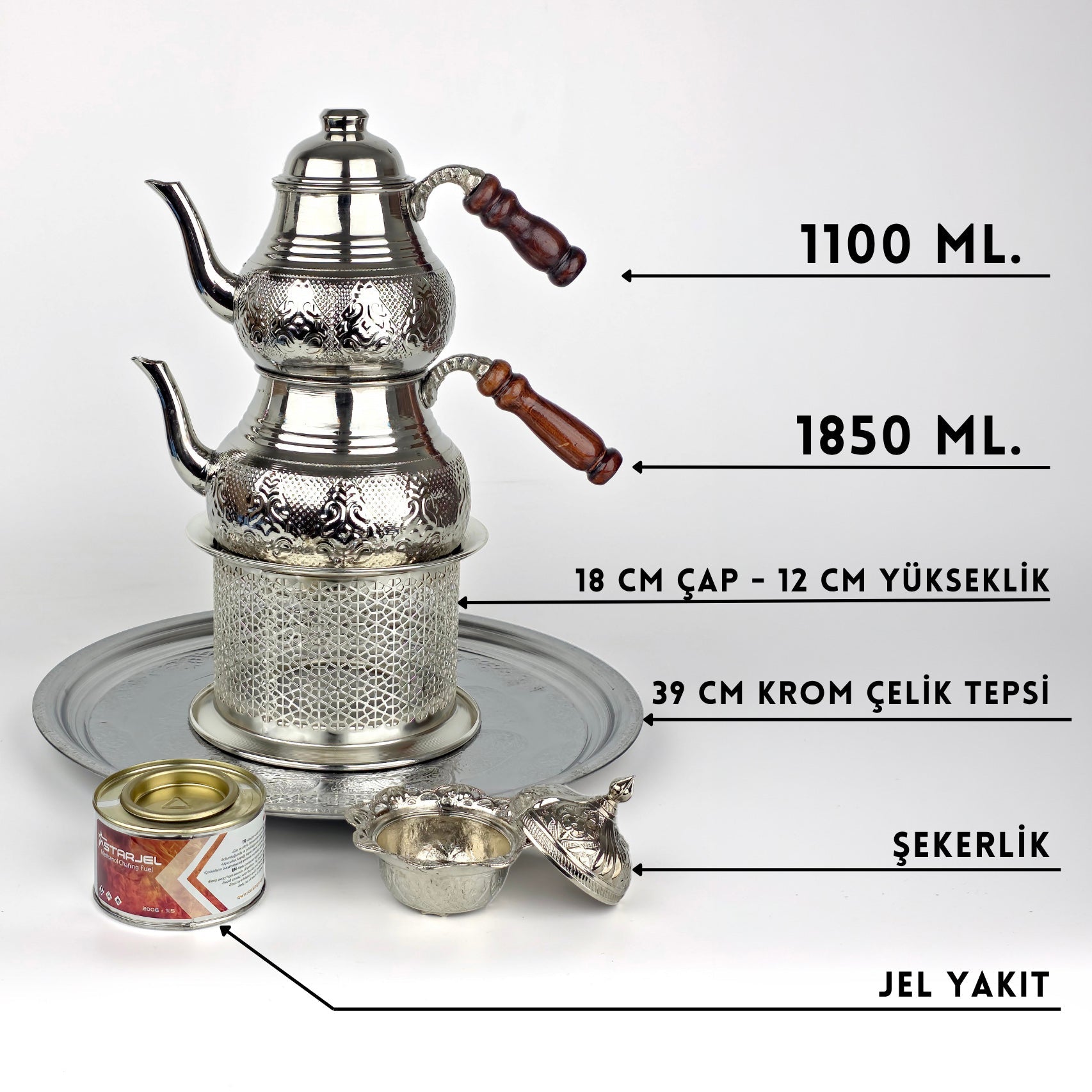 Bakır Çaydanlık Seti Nikel Kaplama Gümüş Renk Restoran Tipi Demlik Takımı, Isıtma Ocaklı, Tepsili, Şekerlikli Jel Yakıt Hediyeli - Binbir Trend