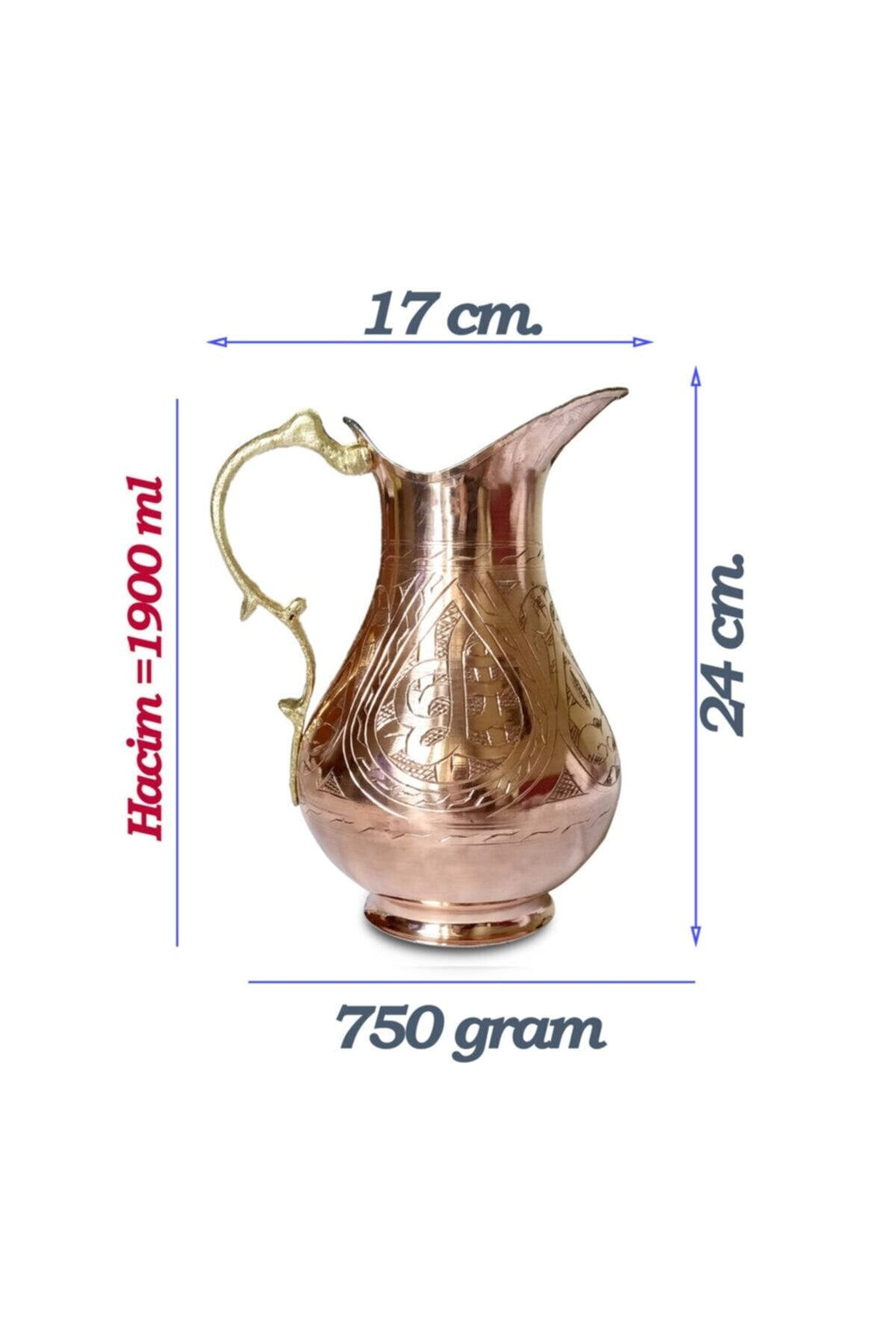 El Yapmı Keski Işlemeli Bakır Sürahi 1900 Ml - Binbir Trend