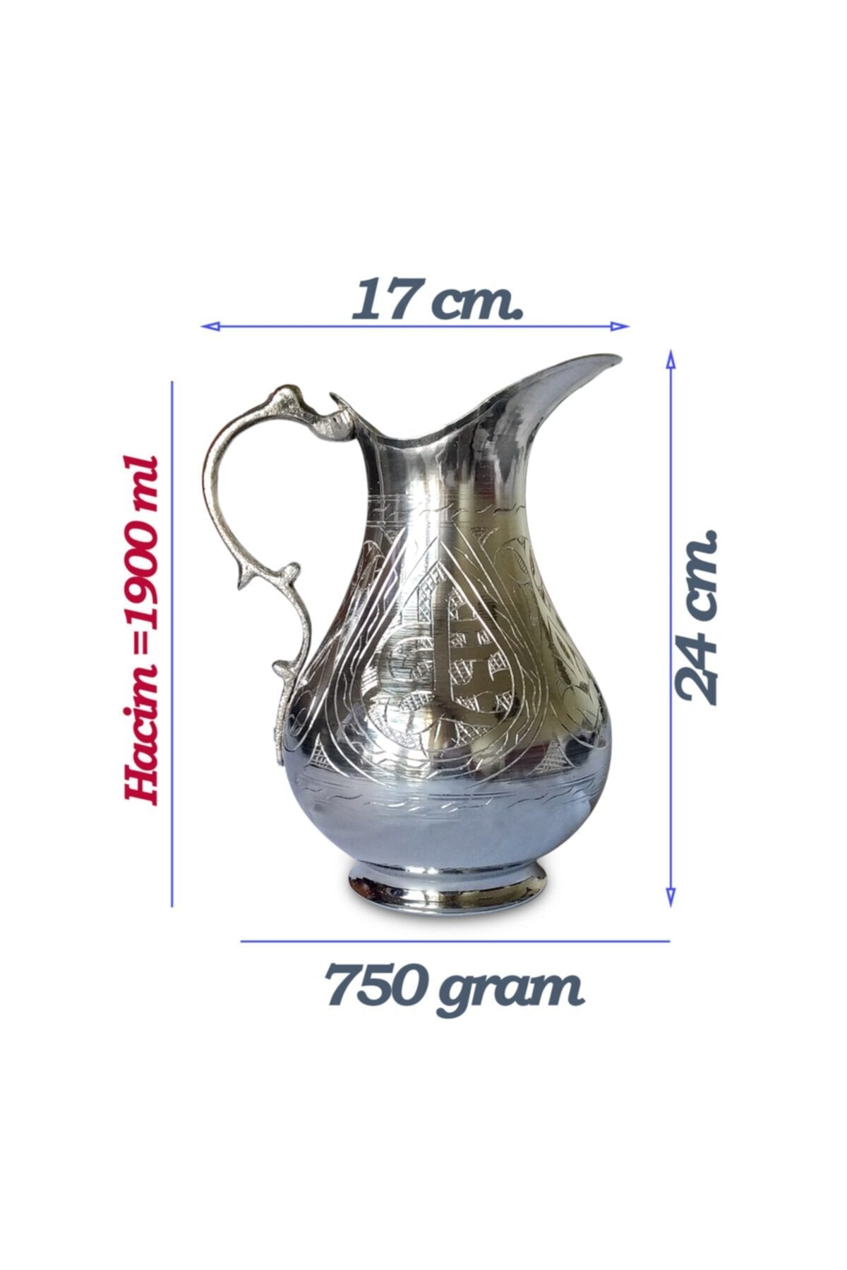 El Yapmı Keski Işlemeli Nikel Kaplama Bakır Sürahi 1900 Ml - Binbir Trend