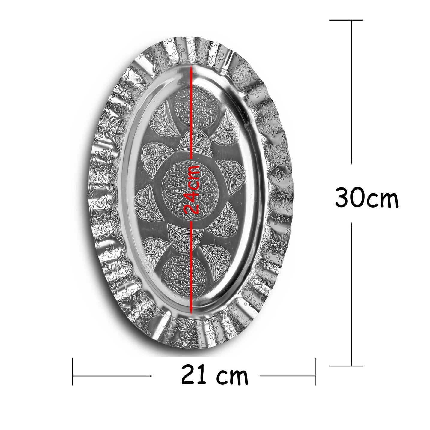 30 cm Dalgalı Kenarlı Oval Krom Çelik İskender ve Servis Tabağı – Otantik İşlemeli