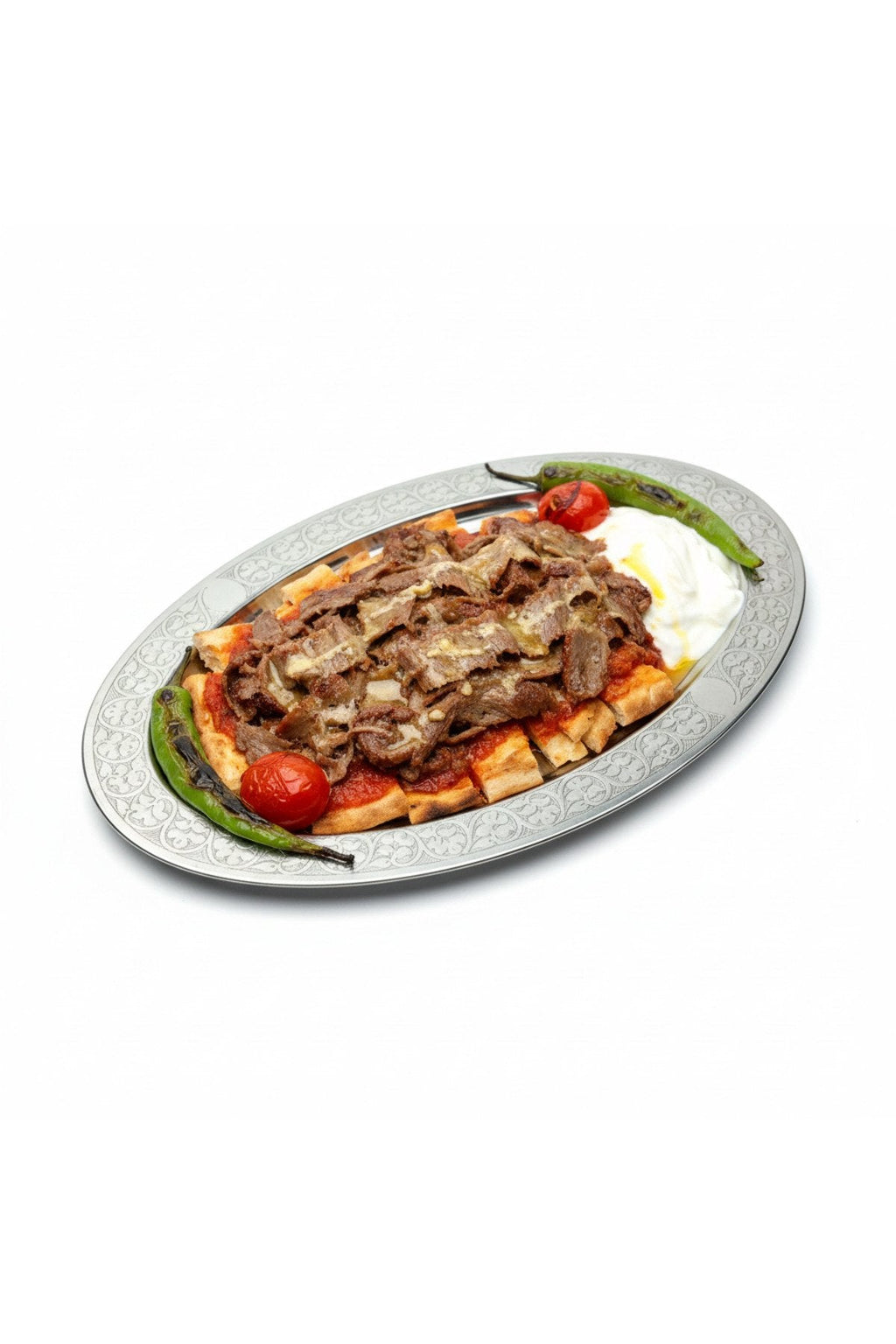 Oval Krom Çelik İskender ve Servis Tabağı – Otantik İşlemeli, 30 cm - Binbir Trend