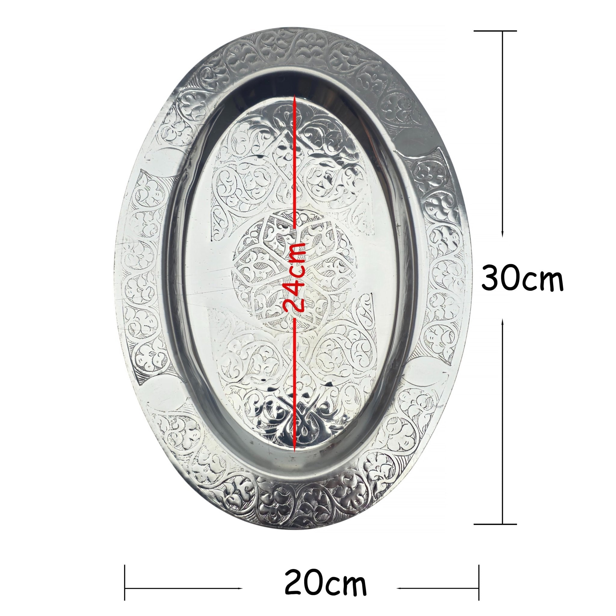 Oval Krom Çelik İskender ve Servis Tabağı – Otantik İşlemeli, 30 cm - Binbir Trend