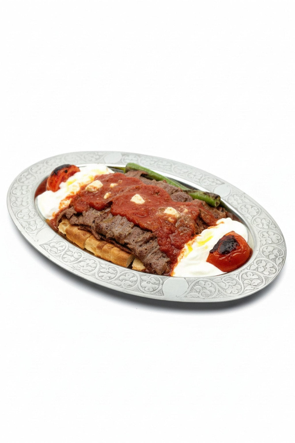 Oval Krom Çelik İskender ve Servis Tabağı – Otantik İşlemeli, 30 cm - Binbir Trend