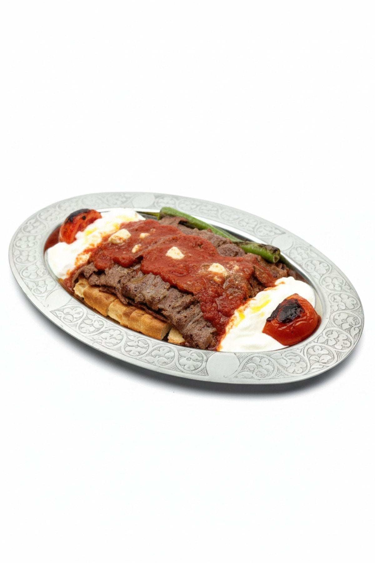 Oval Krom Çelik İskender ve Servis Tabağı – Otantik İşlemeli, 30 cm - Binbir Trend