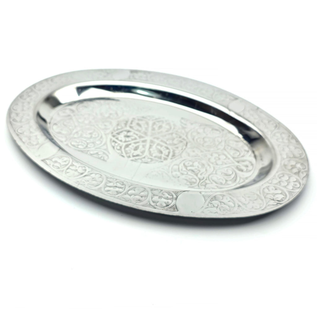 Oval Krom Çelik İskender ve Servis Tabağı – Otantik İşlemeli, 35 cm - Binbir Trend