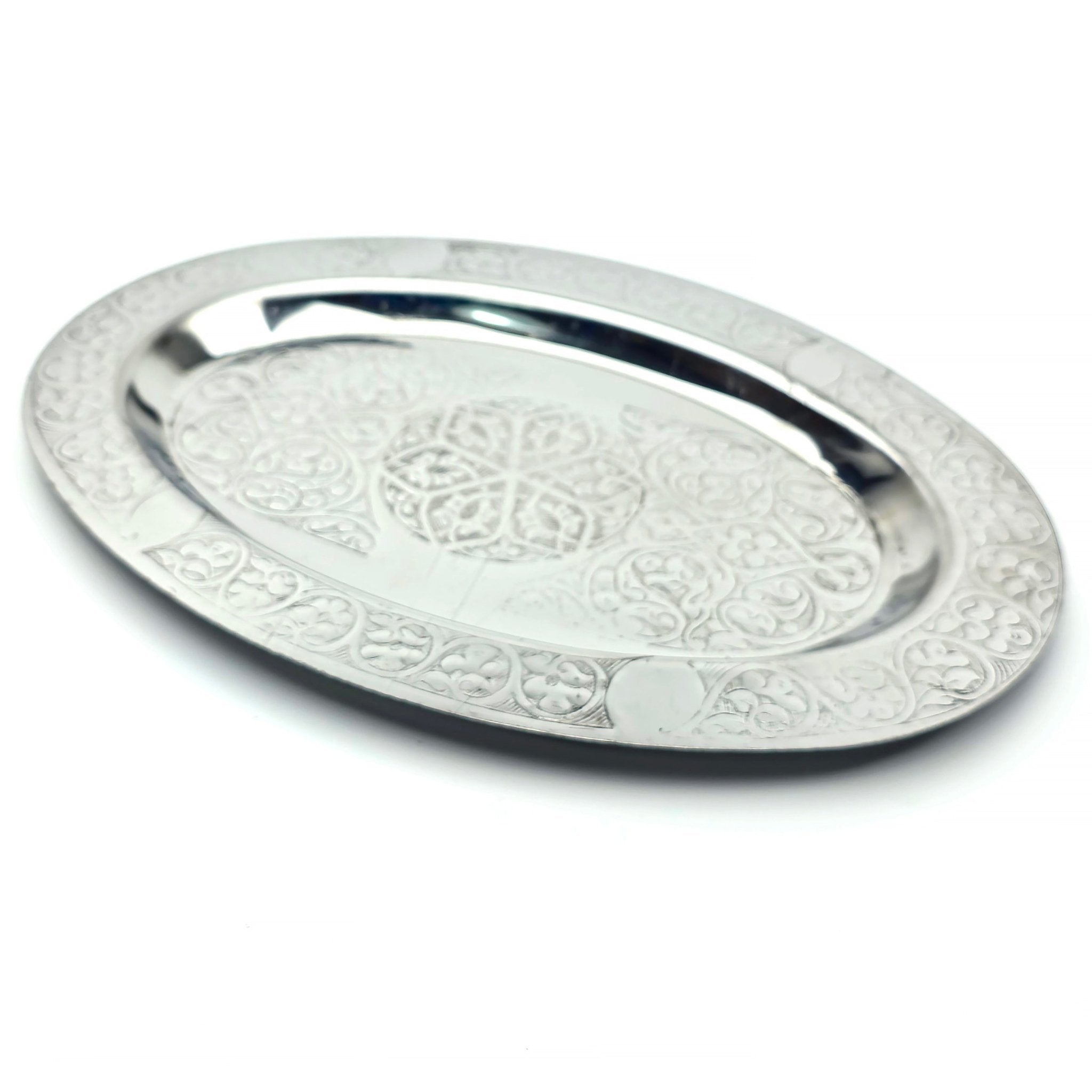 Oval Krom Çelik İskender ve Servis Tabağı – Otantik İşlemeli, 35 cm - Binbir Trend