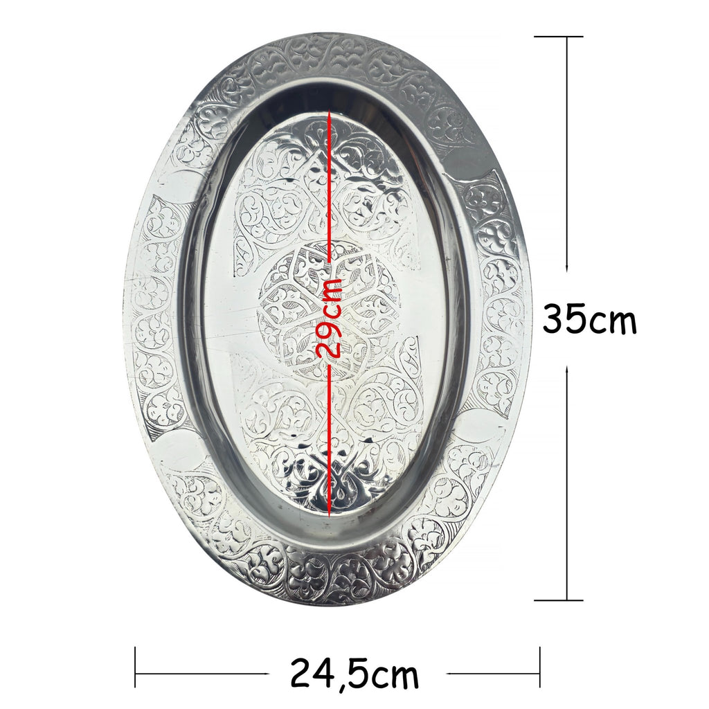 Oval Krom Çelik İskender ve Servis Tabağı – Otantik İşlemeli, 35 cm - Binbir Trend
