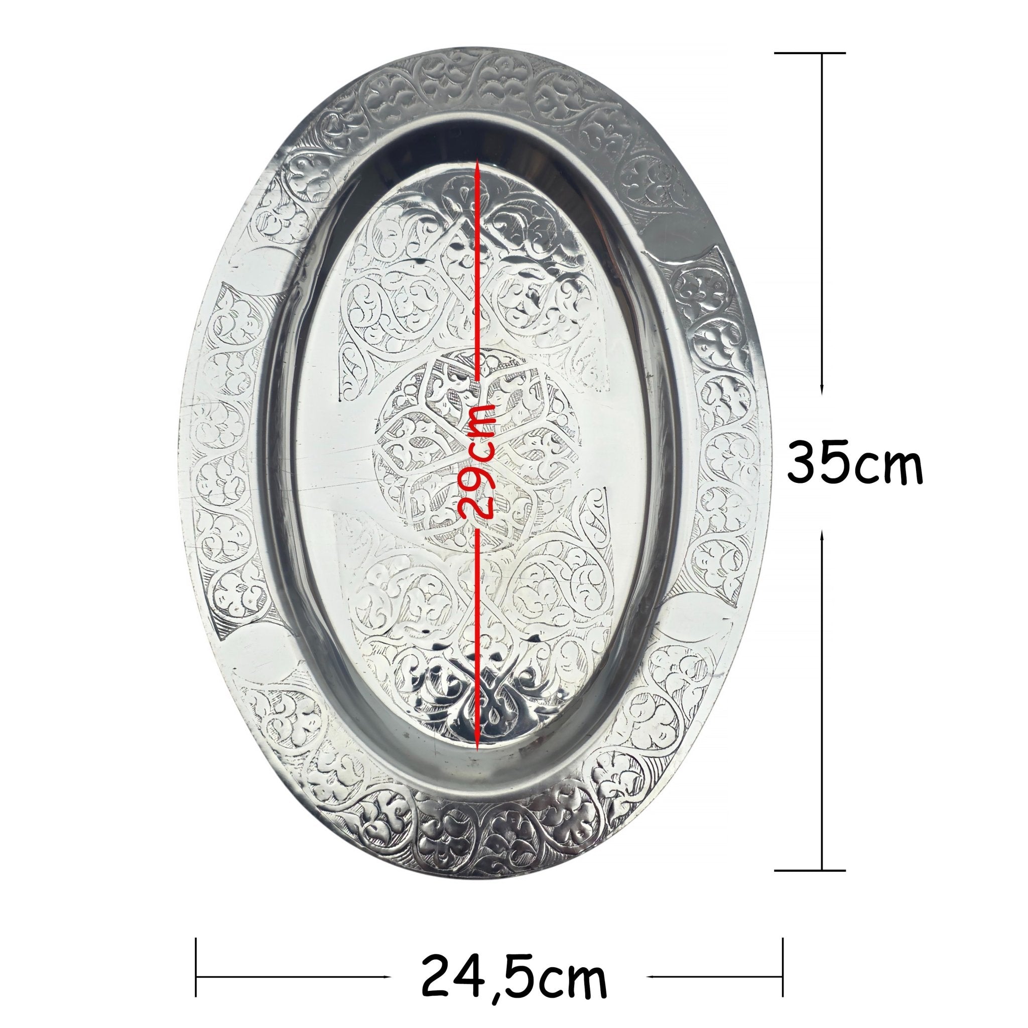 Oval Krom Çelik İskender ve Servis Tabağı – Otantik İşlemeli, 35 cm - Binbir Trend