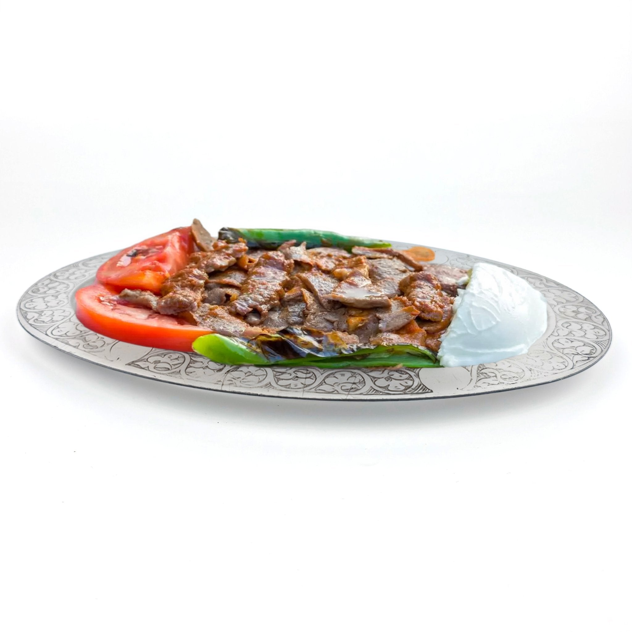 Oval Krom Çelik İskender ve Servis Tabağı – Otantik İşlemeli, 35 cm - Binbir Trend