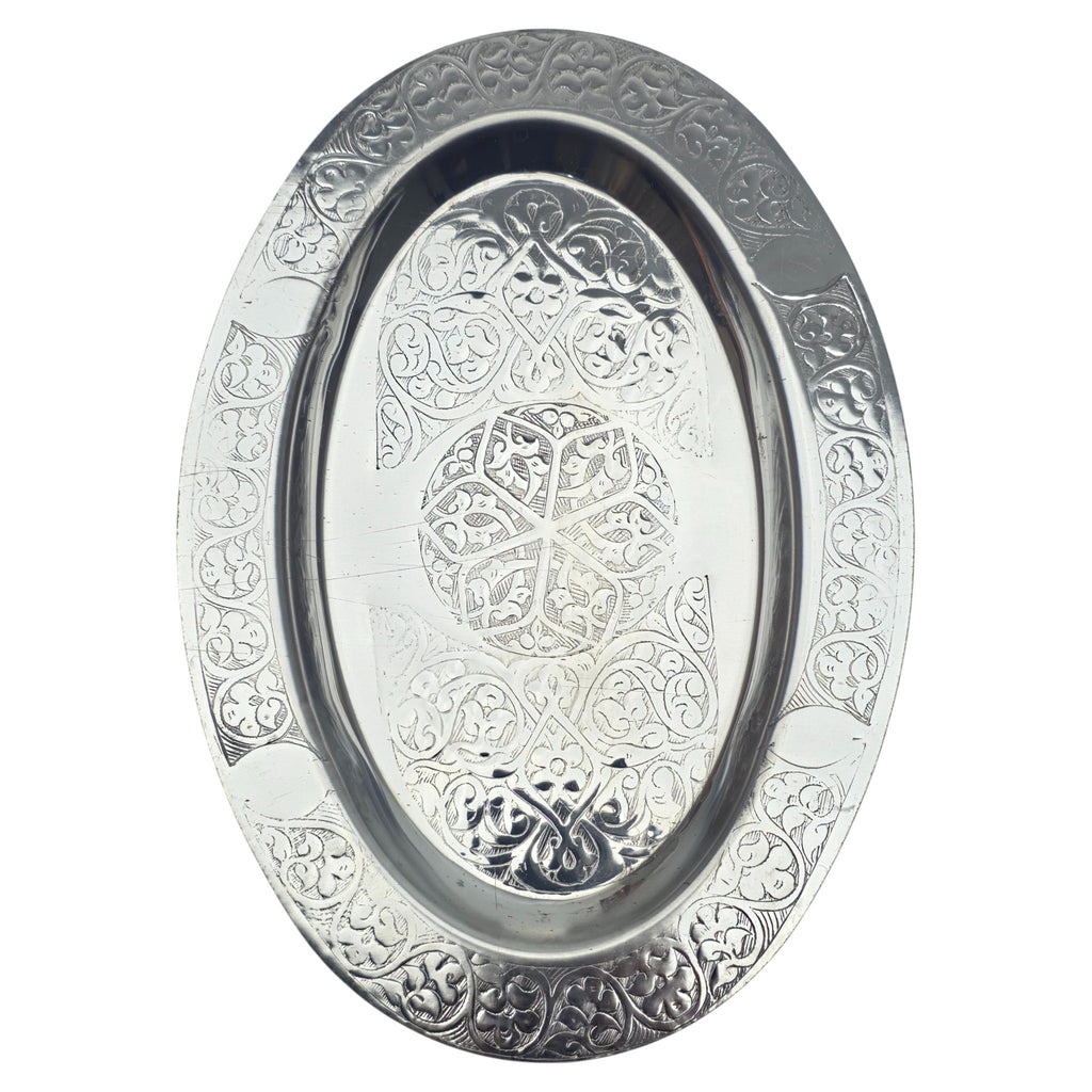 Oval Krom Çelik İskender ve Servis Tabağı – Otantik İşlemeli, 35 cm - Binbir Trend